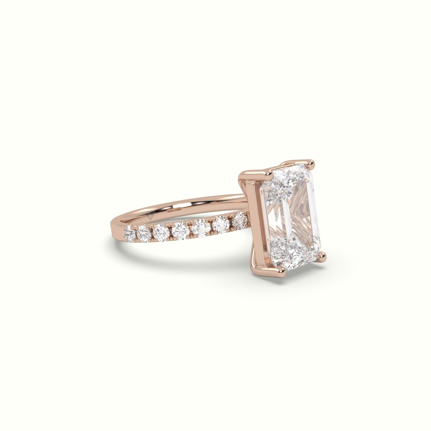 10K ROSE GOLD Emerald Cut Diamond Engagement Ring with Pave Band