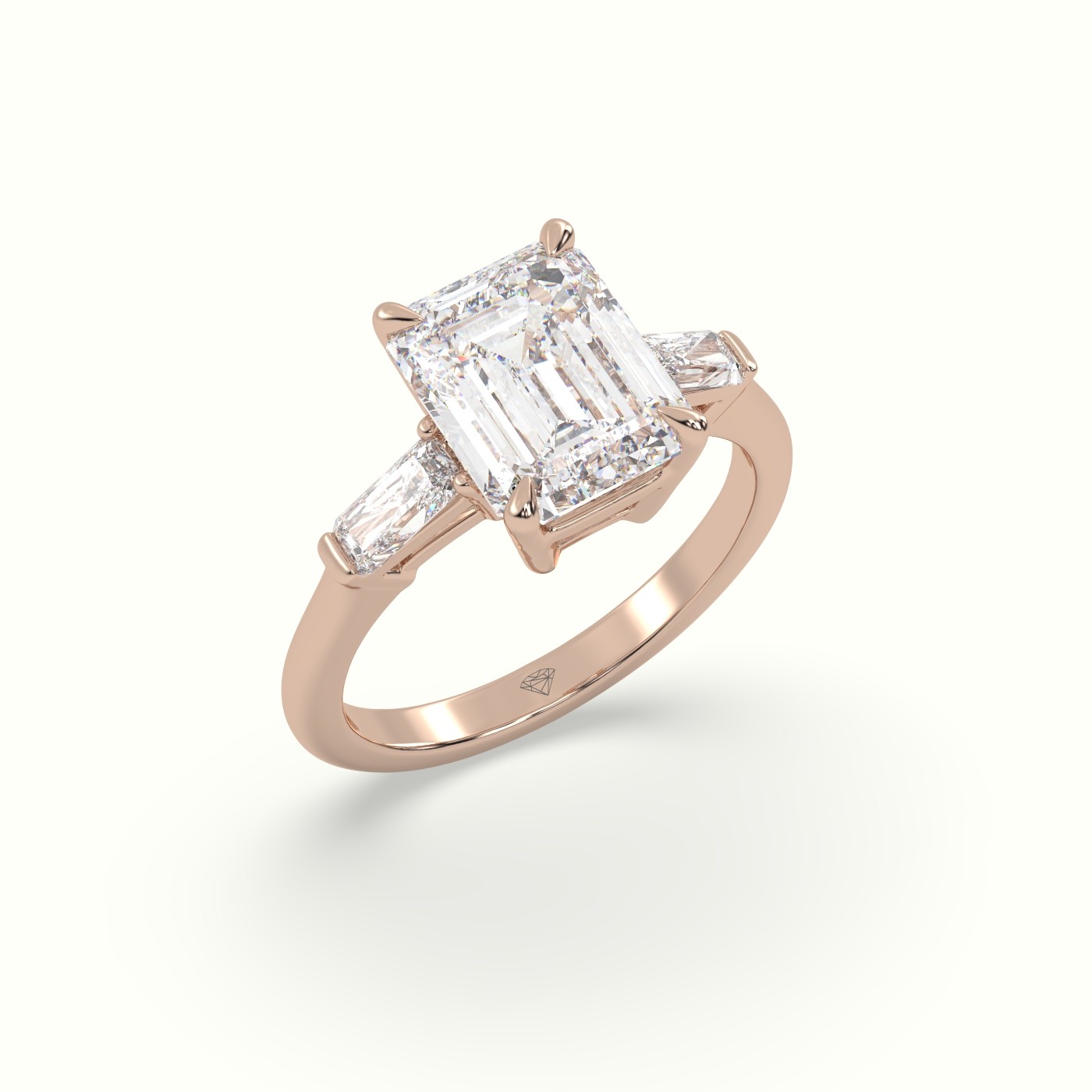 10K Rose Gold Emerald & Radiant Cut Diamond Trilogy Engagement Ring