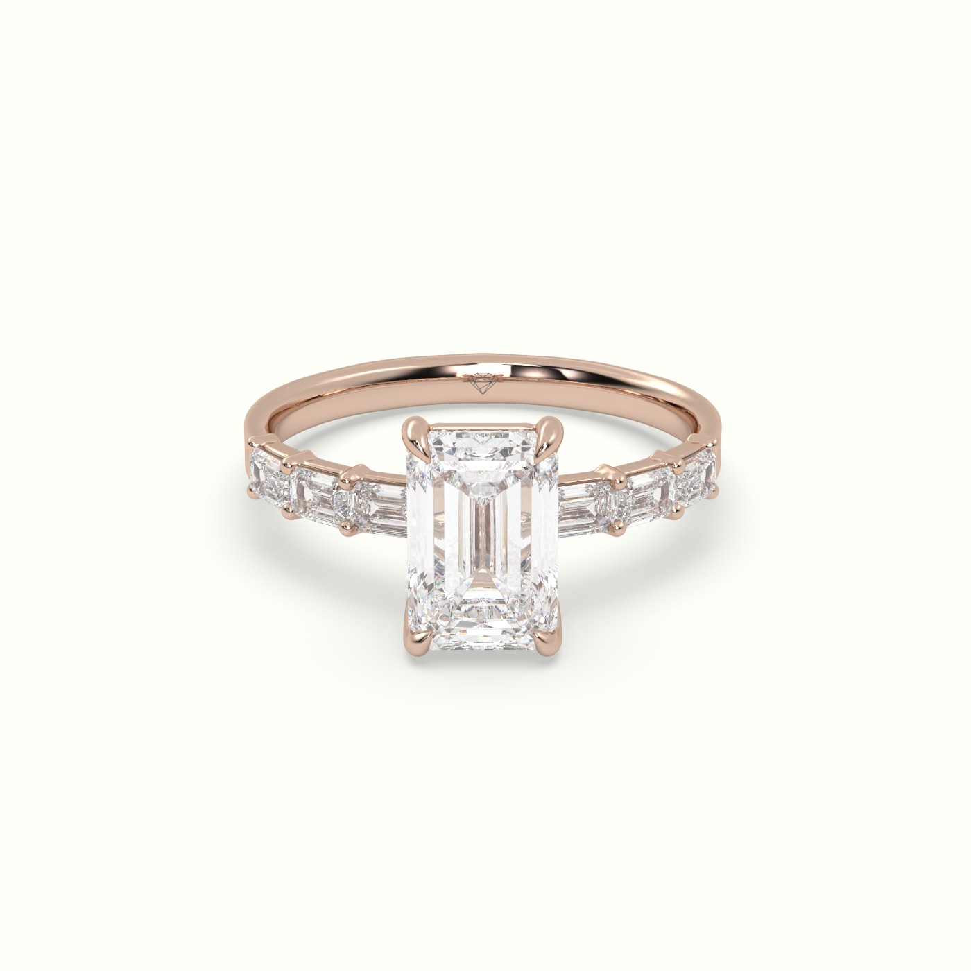 10K Rose Gold Emerald Cut Diamond Engagement Ring with Baguette Side Stones