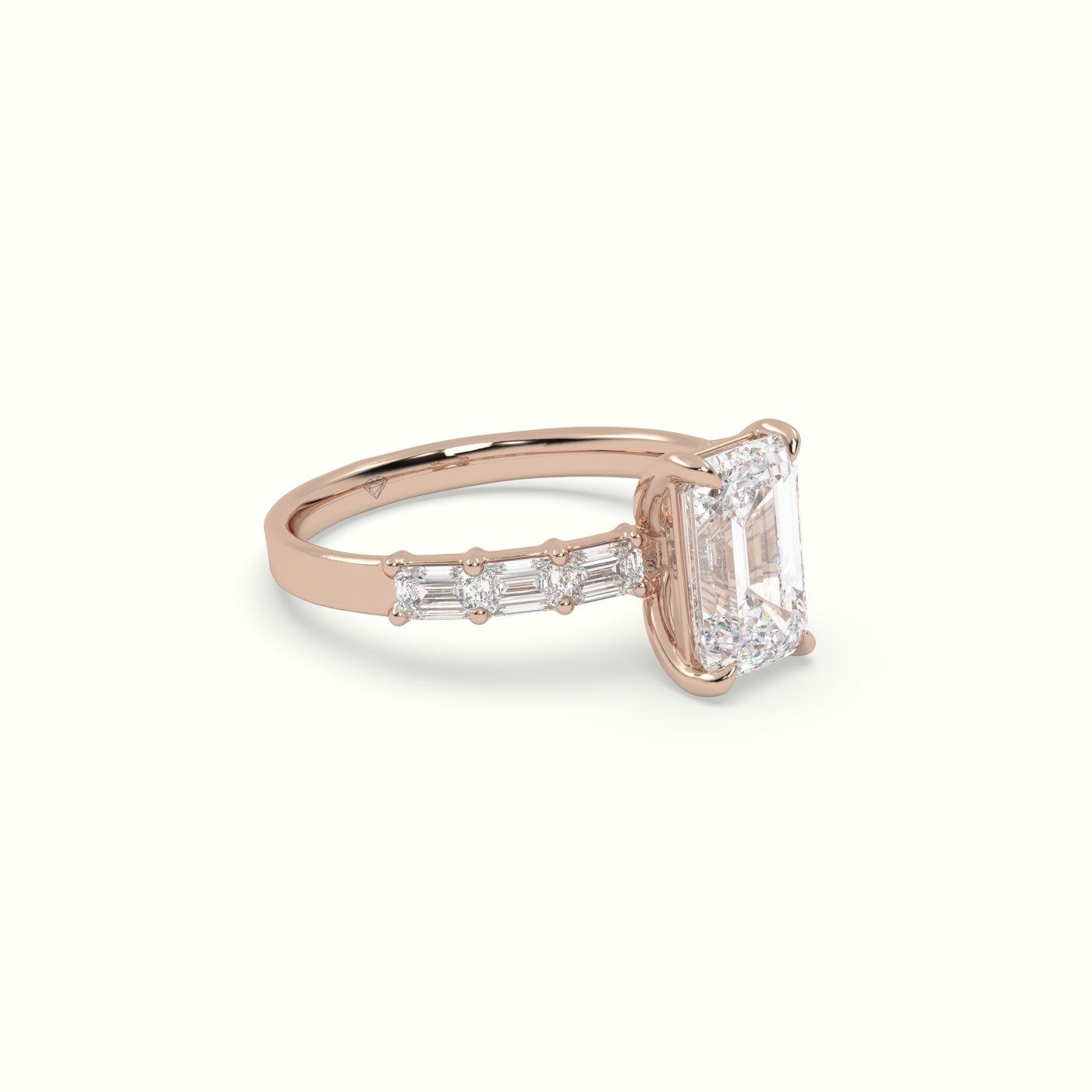 10K Rose Gold Emerald Cut Diamond Engagement Ring with Baguette Side Stones