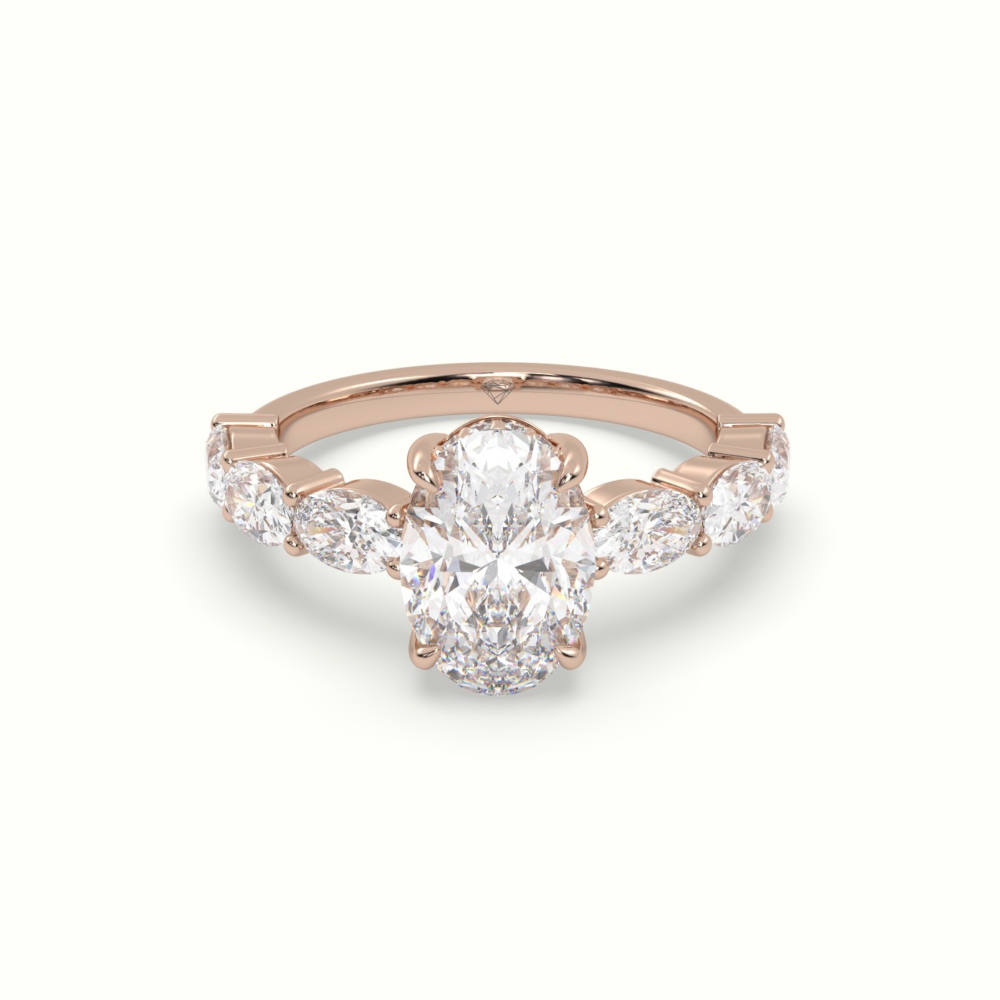 10K Rose Gold Oval Diamond Engagement Ring with Side Ovals