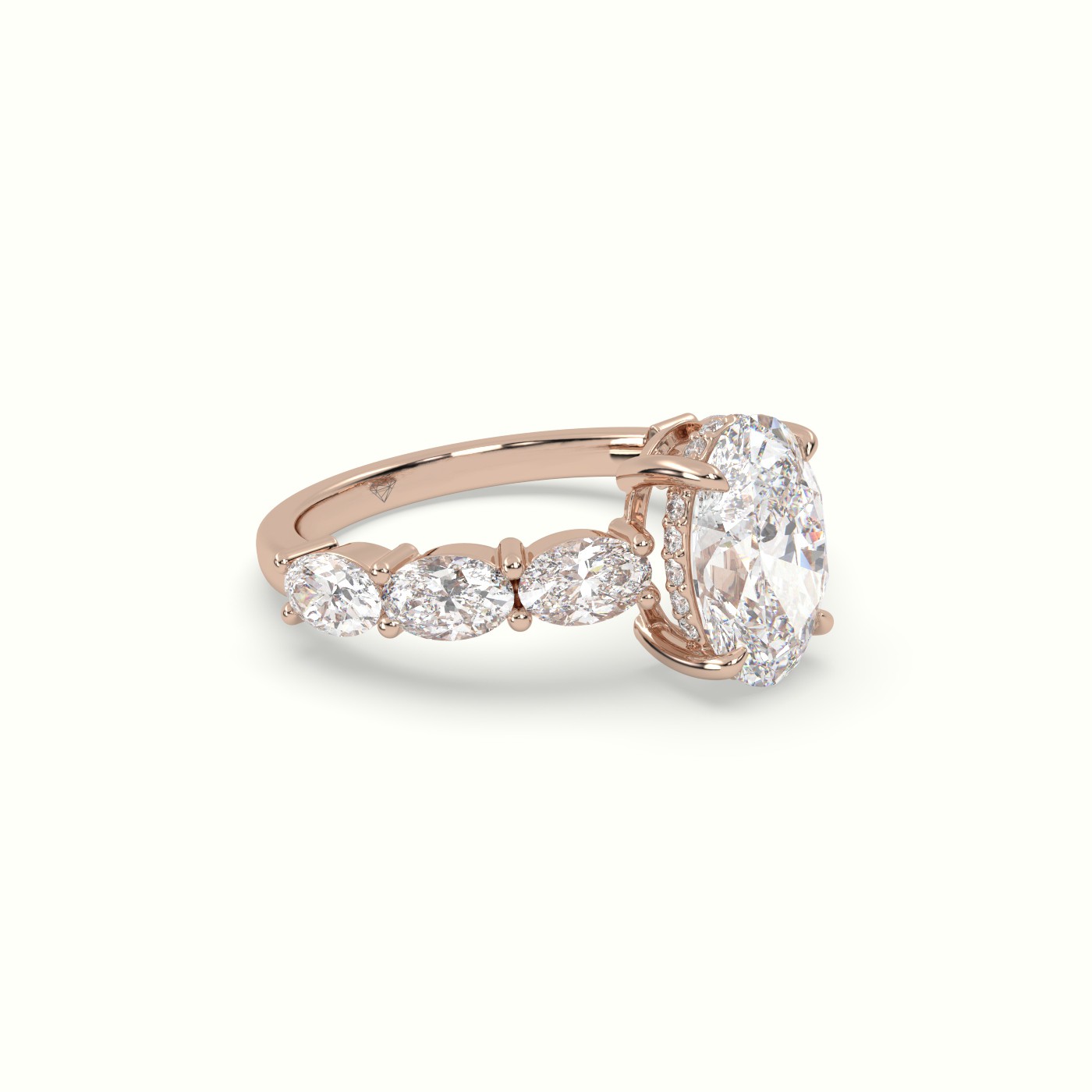 10K Rose Gold Oval Diamond Engagement Ring with Side Ovals
