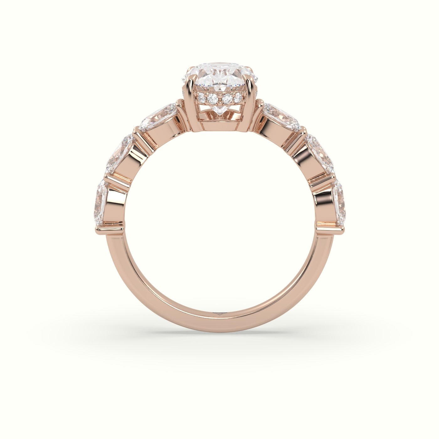 10K Rose Gold Oval Diamond Engagement Ring with Side Ovals