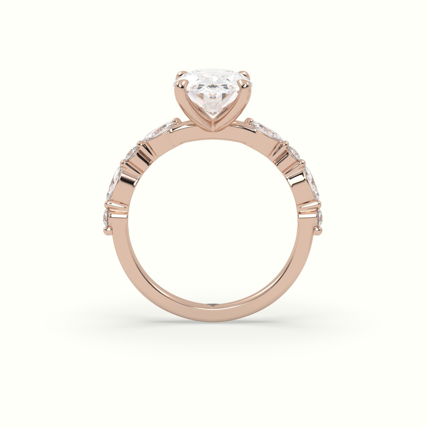 10K Rose Gold Oval Center Diamond Engagement Ring with Marquise and Round Side Stones