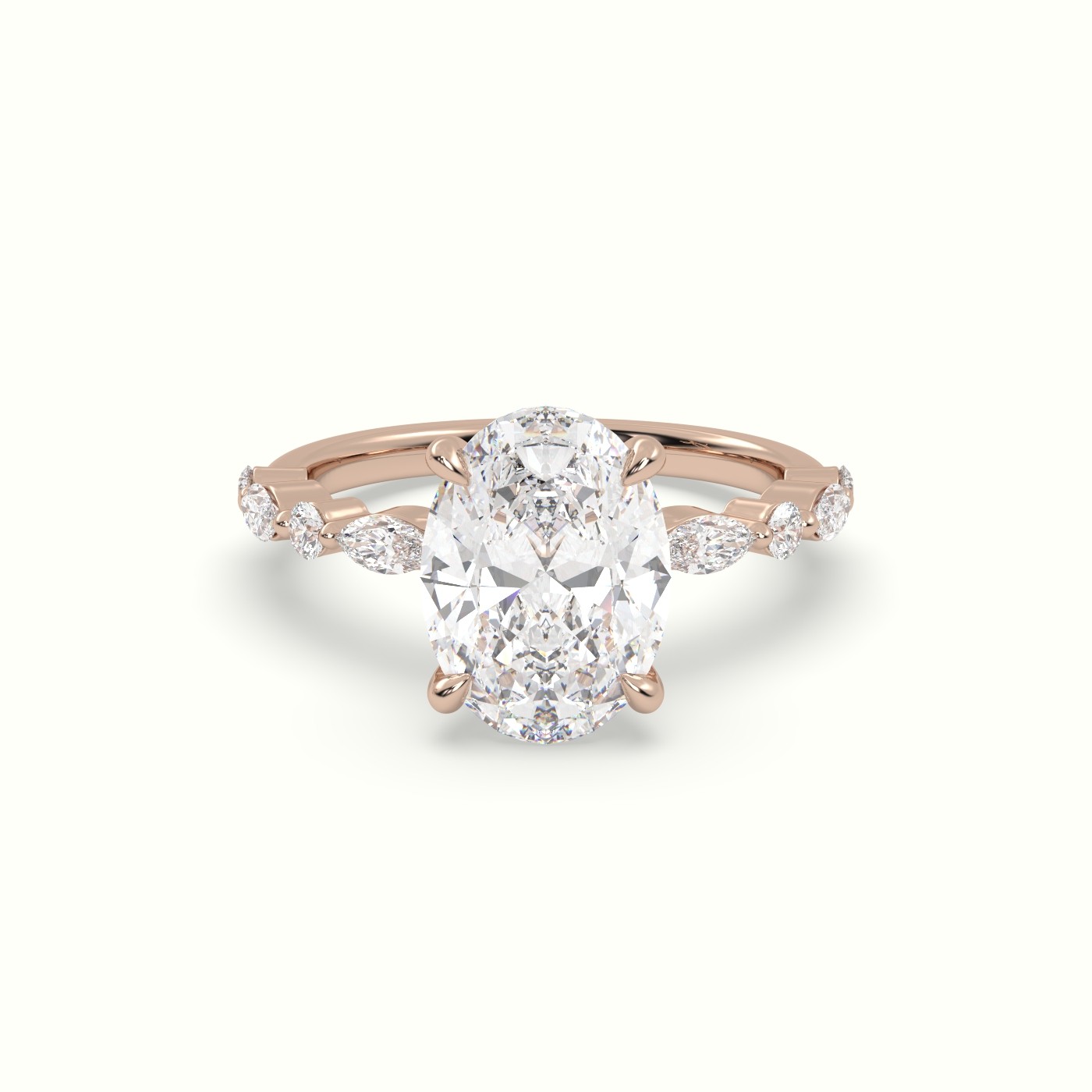 10K Rose Gold Oval Center Diamond Engagement Ring with Marquise and Round Side Stones