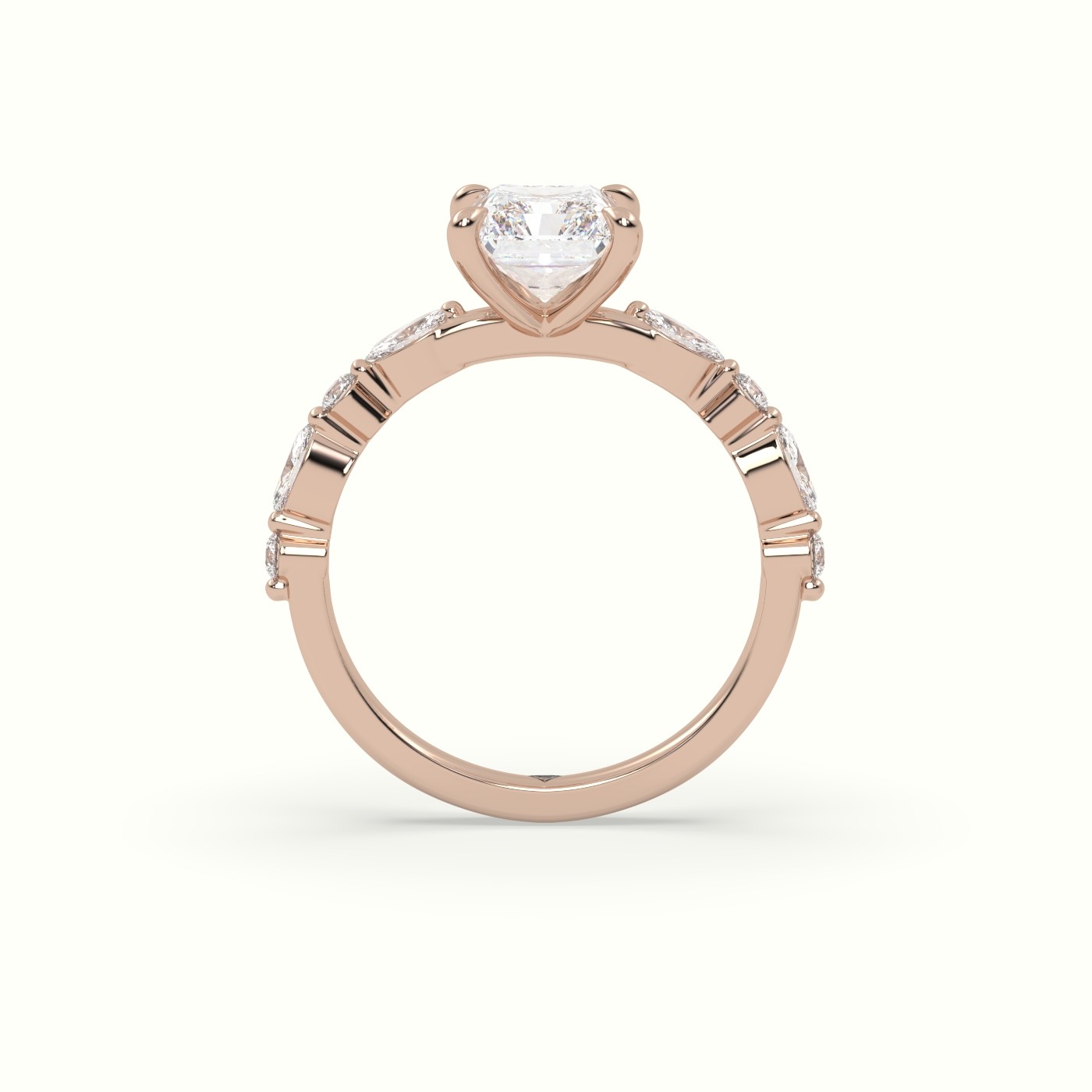 10K Rose Gold Radiant Cut Diamond Engagement Ring with Marquise and Round Side Stones