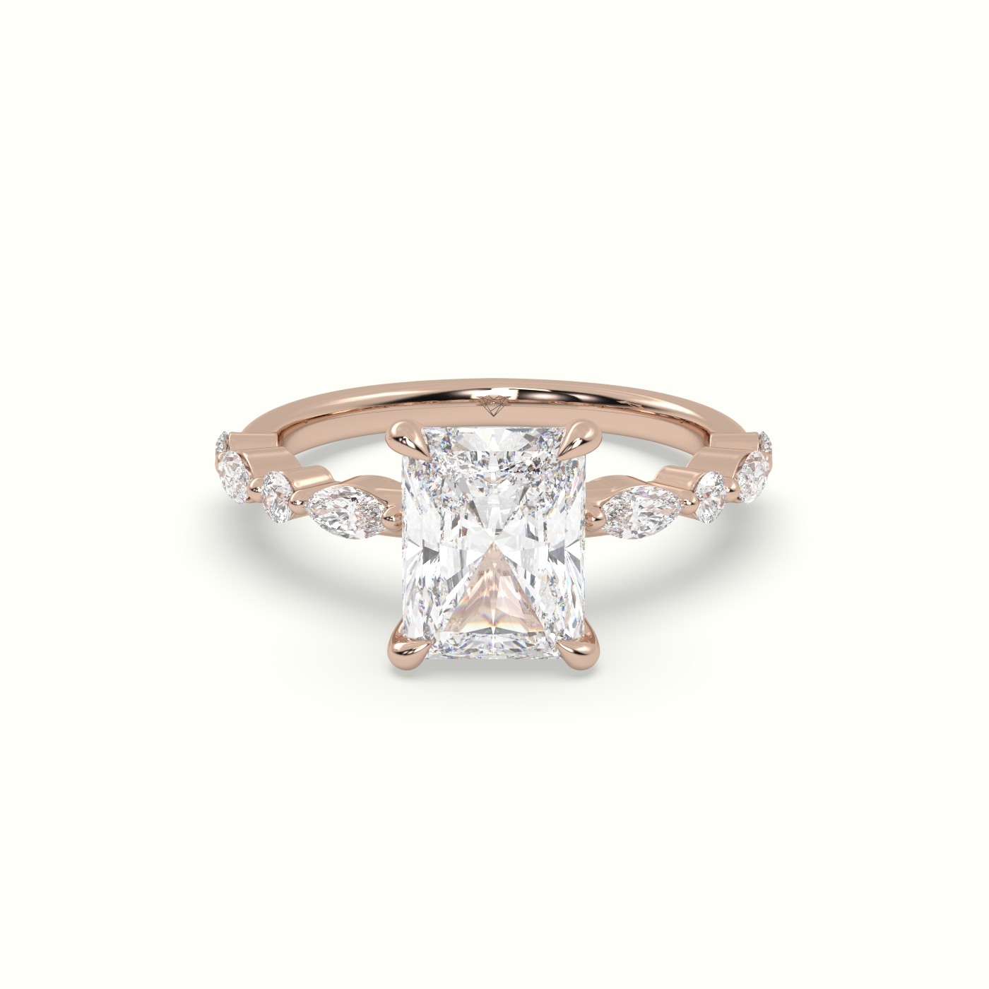 10K Rose Gold Radiant Cut Diamond Engagement Ring with Marquise and Round Side Stones