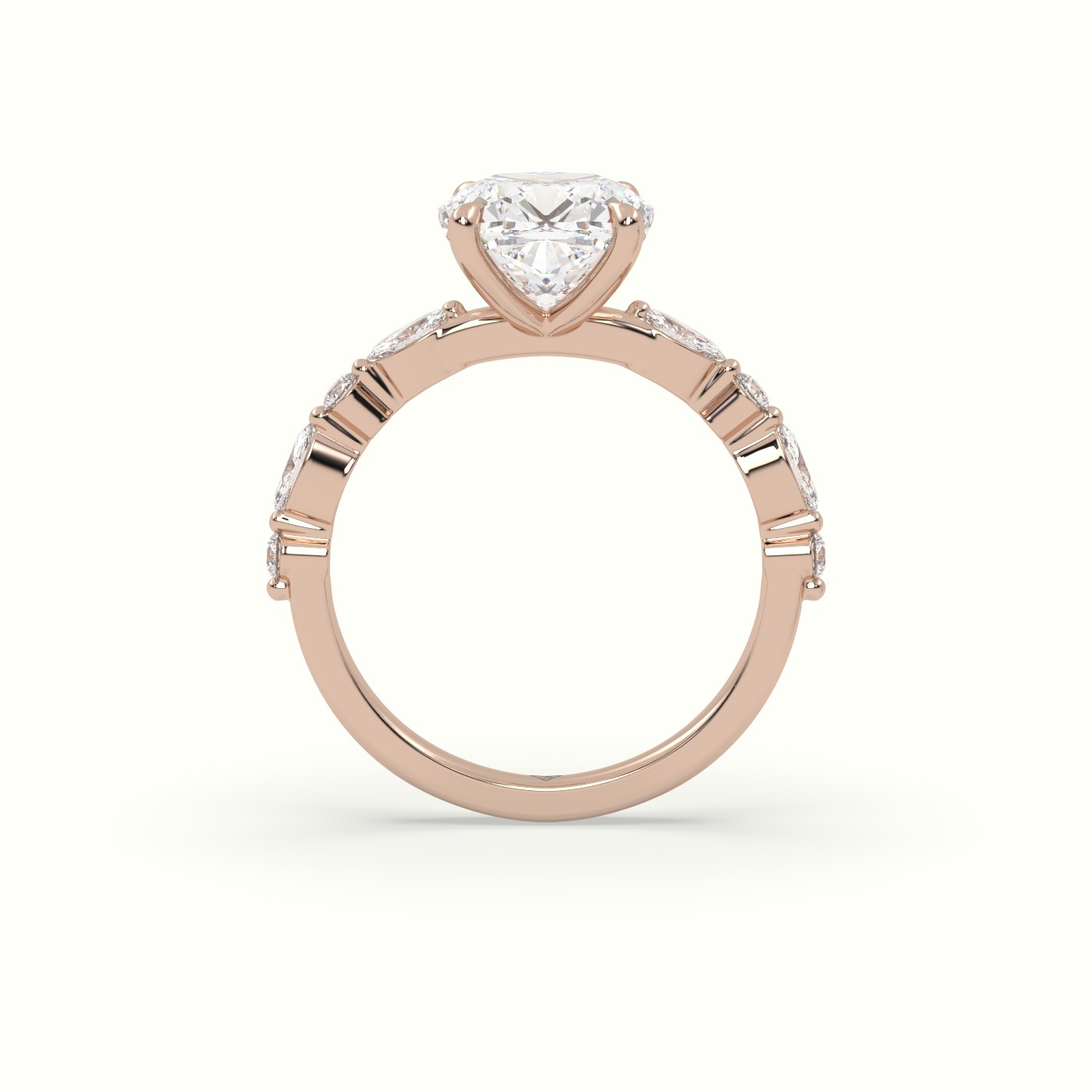 10K Rose Gold Cushion Cut Diamond Engagement Ring with Marquise and Round Side Stones