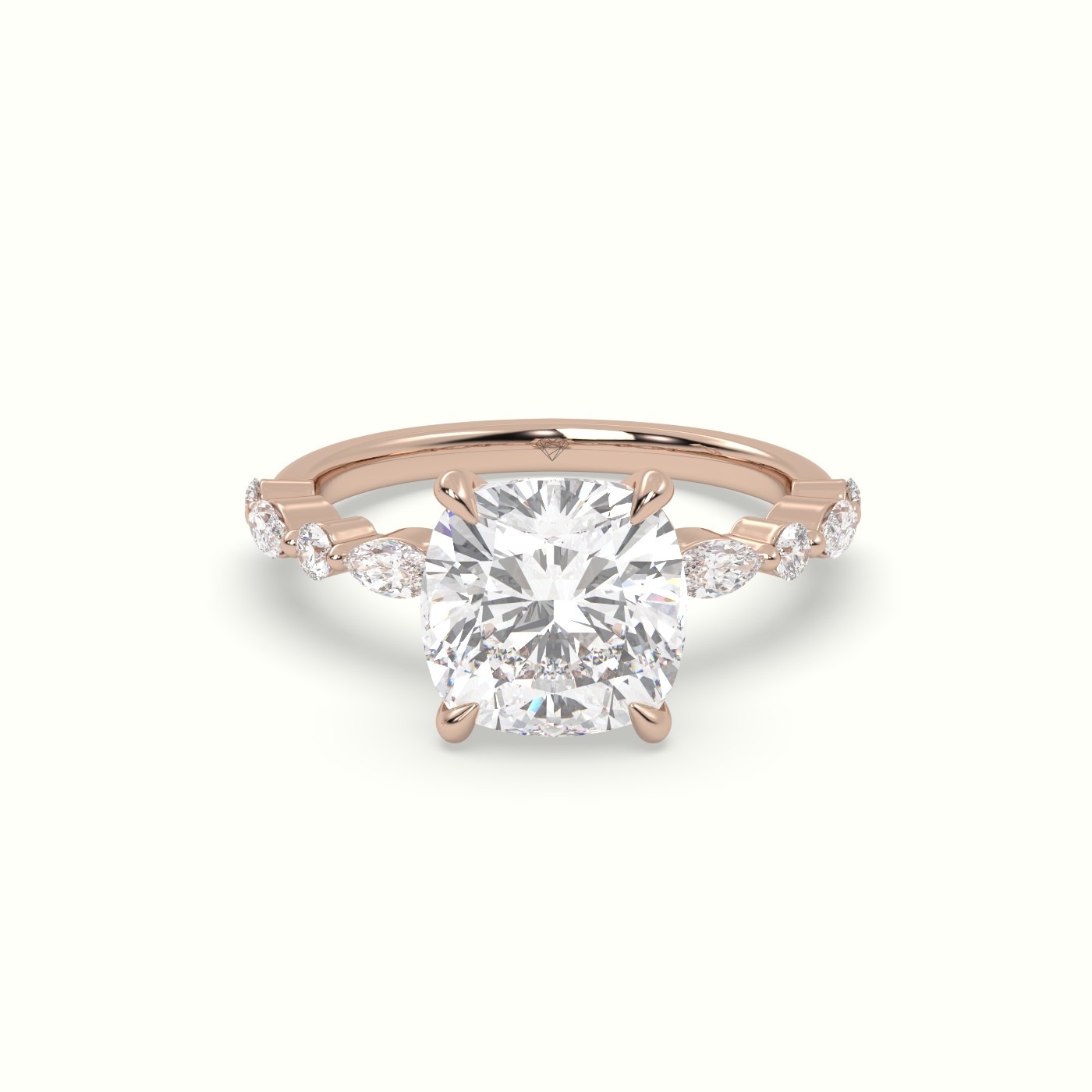 10K Rose Gold Cushion Cut Diamond Engagement Ring with Marquise and Round Side Stones