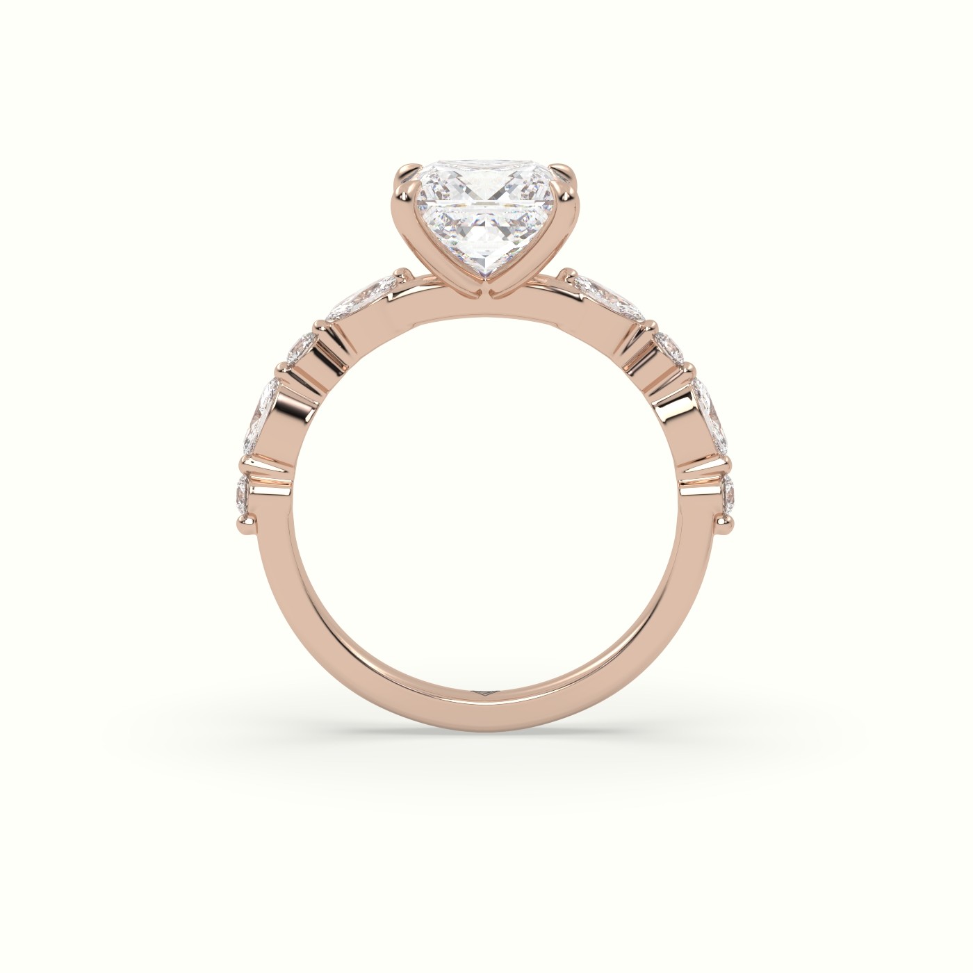 10K Rose Gold Princess Cut Diamond Engagement Ring with Marquise and Round Side Stones