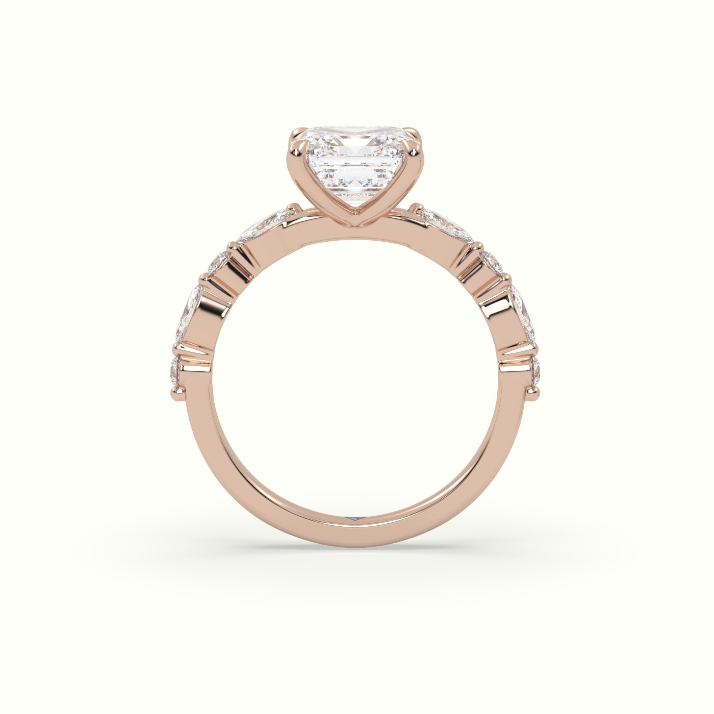 10K Rose Gold Asscher Cut Diamond Engagement Ring with Marquise and Round Side Stones