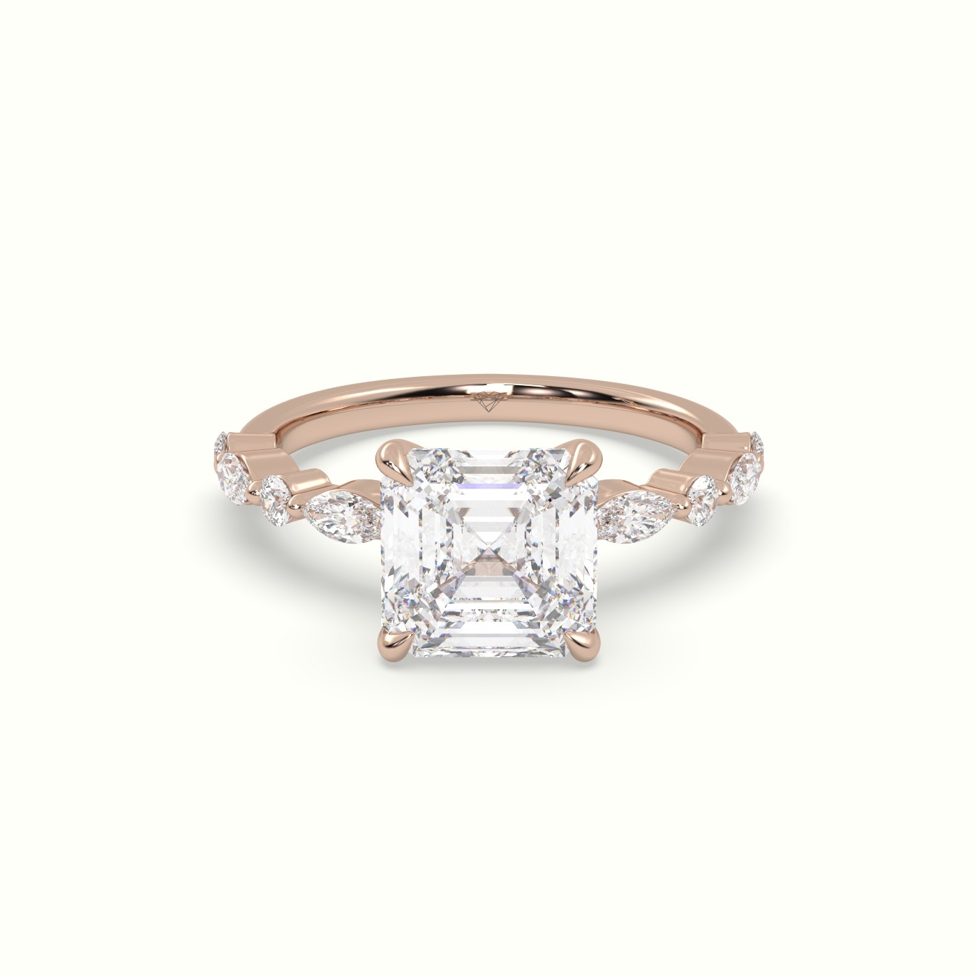 10K Rose Gold Asscher Cut Diamond Engagement Ring with Marquise and Round Side Stones