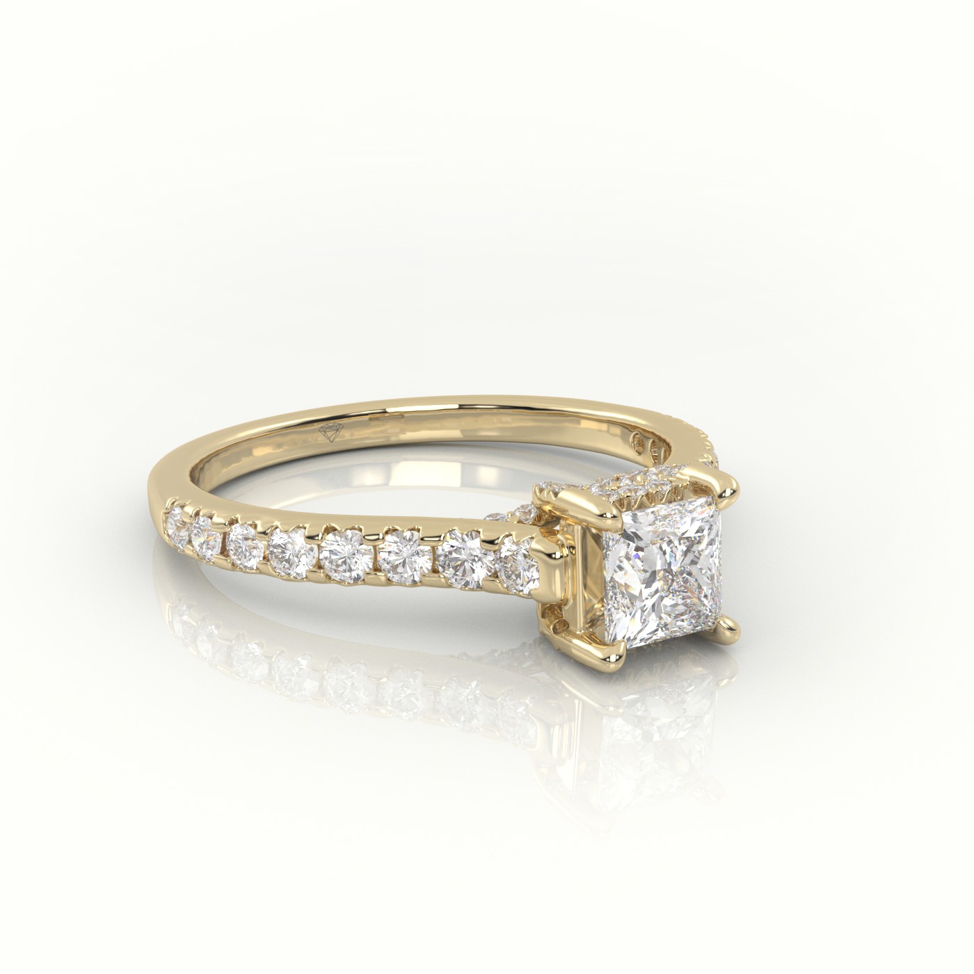 18K YELLOW GOLD PRINCESS CUT DIAMOND 4 PRONGS SCALLOP SETTING ENGAGEMENT RING