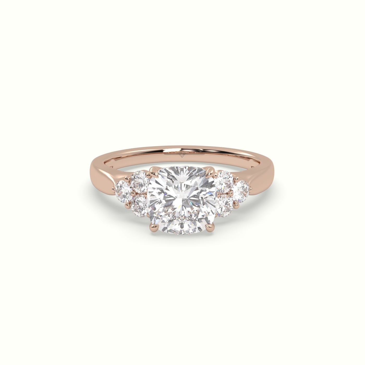 10K Rose Gold Cushion Cut Diamond Side Stone Engagement Ring