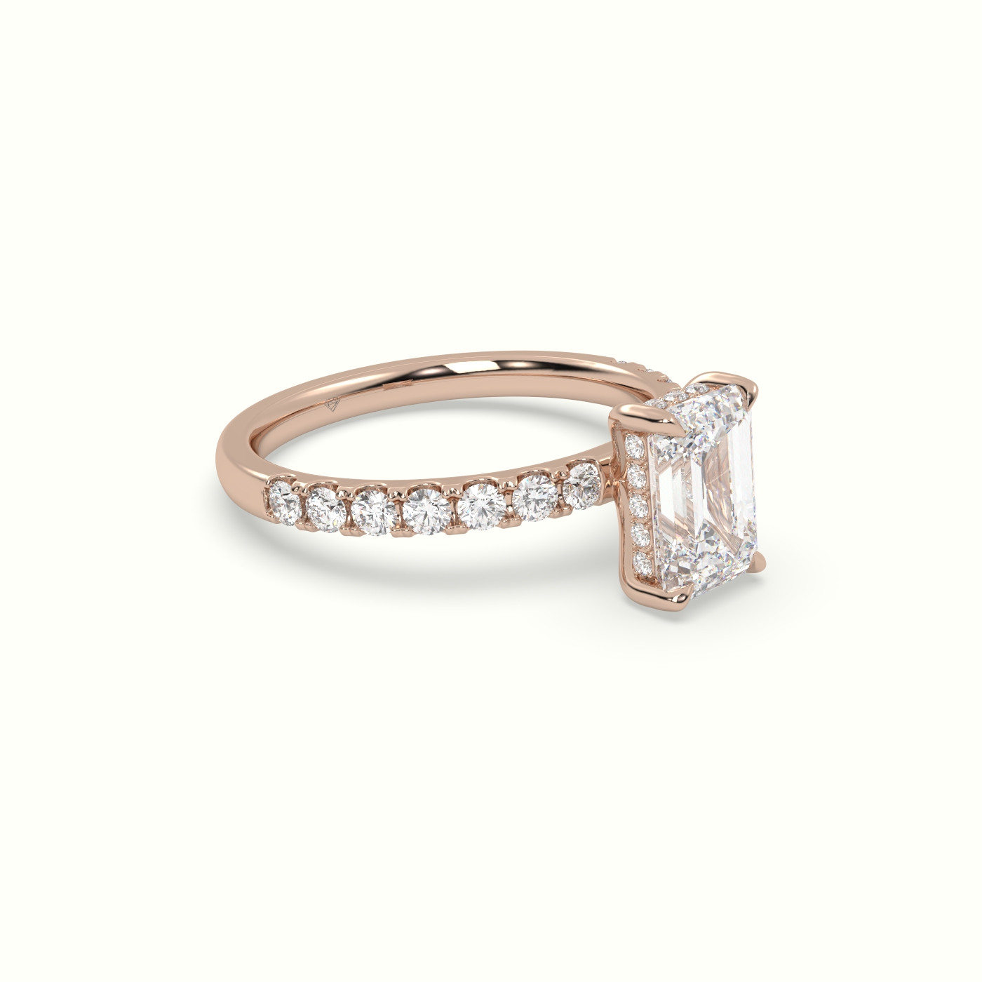 10K Rose Gold Emerald Cut Hidden Halo Side Stone Engagement Ring