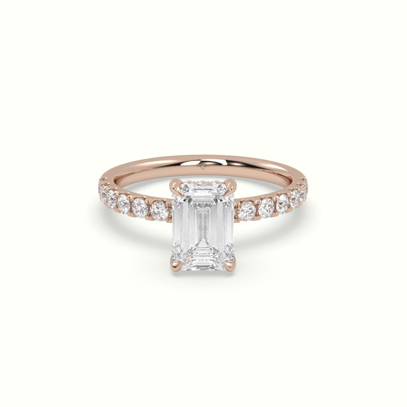 10K Rose Gold Emerald Cut Hidden Halo Side Stone Engagement Ring
