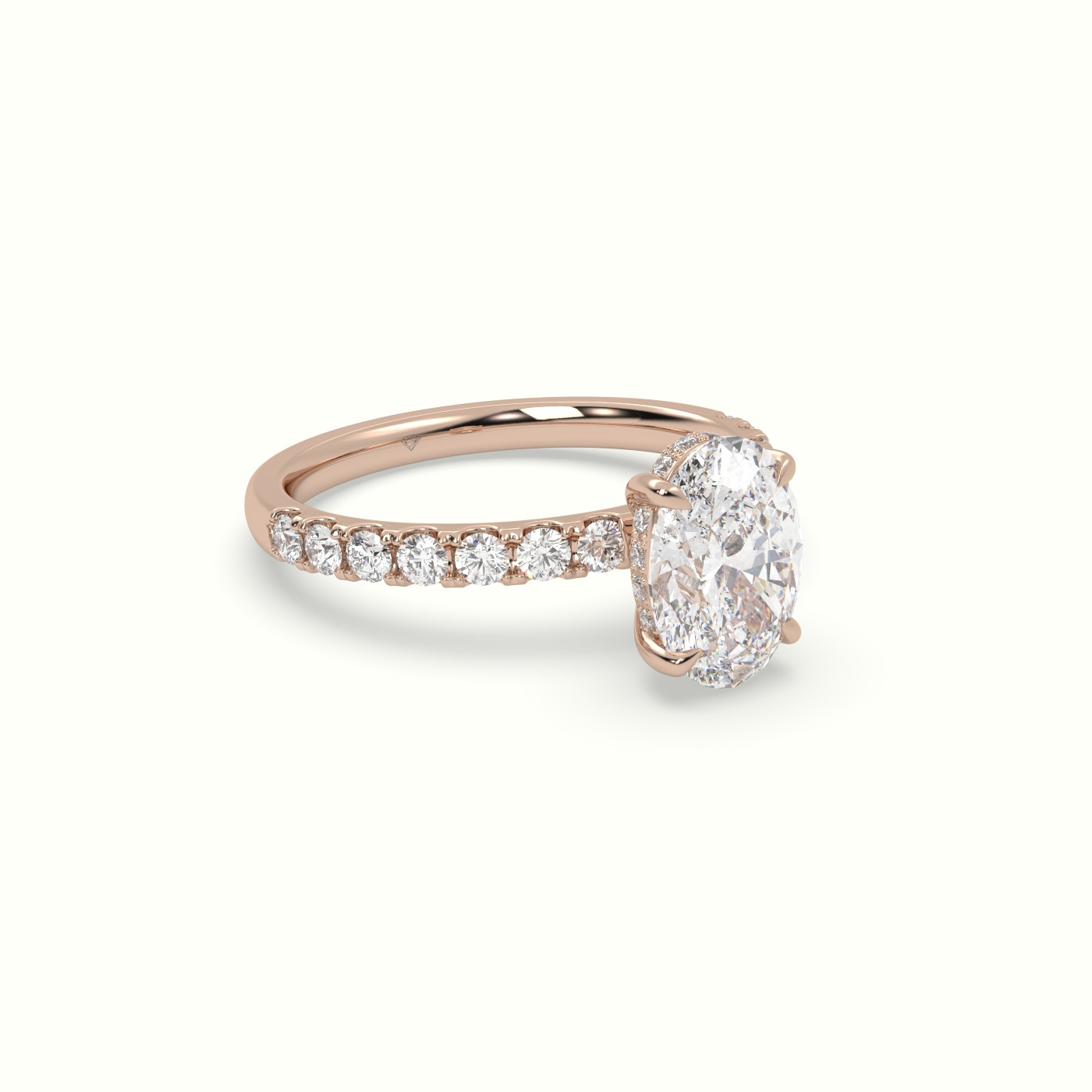 10K Rose Gold Oval Cut Hidden Halo Side Stone Engagement Ring