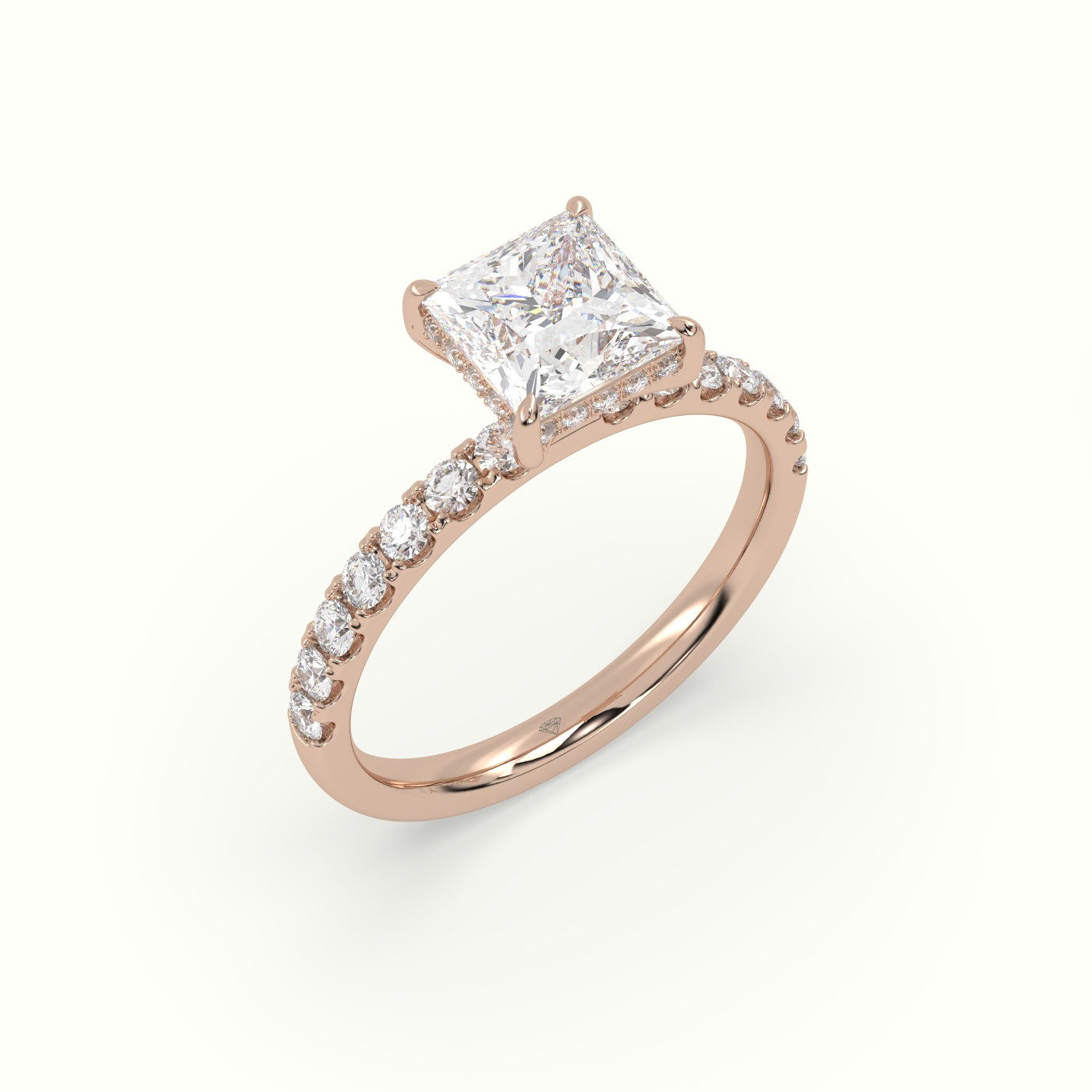 10K Rose Gold Princess Cut Hidden Halo Side Stone Engagement Ring