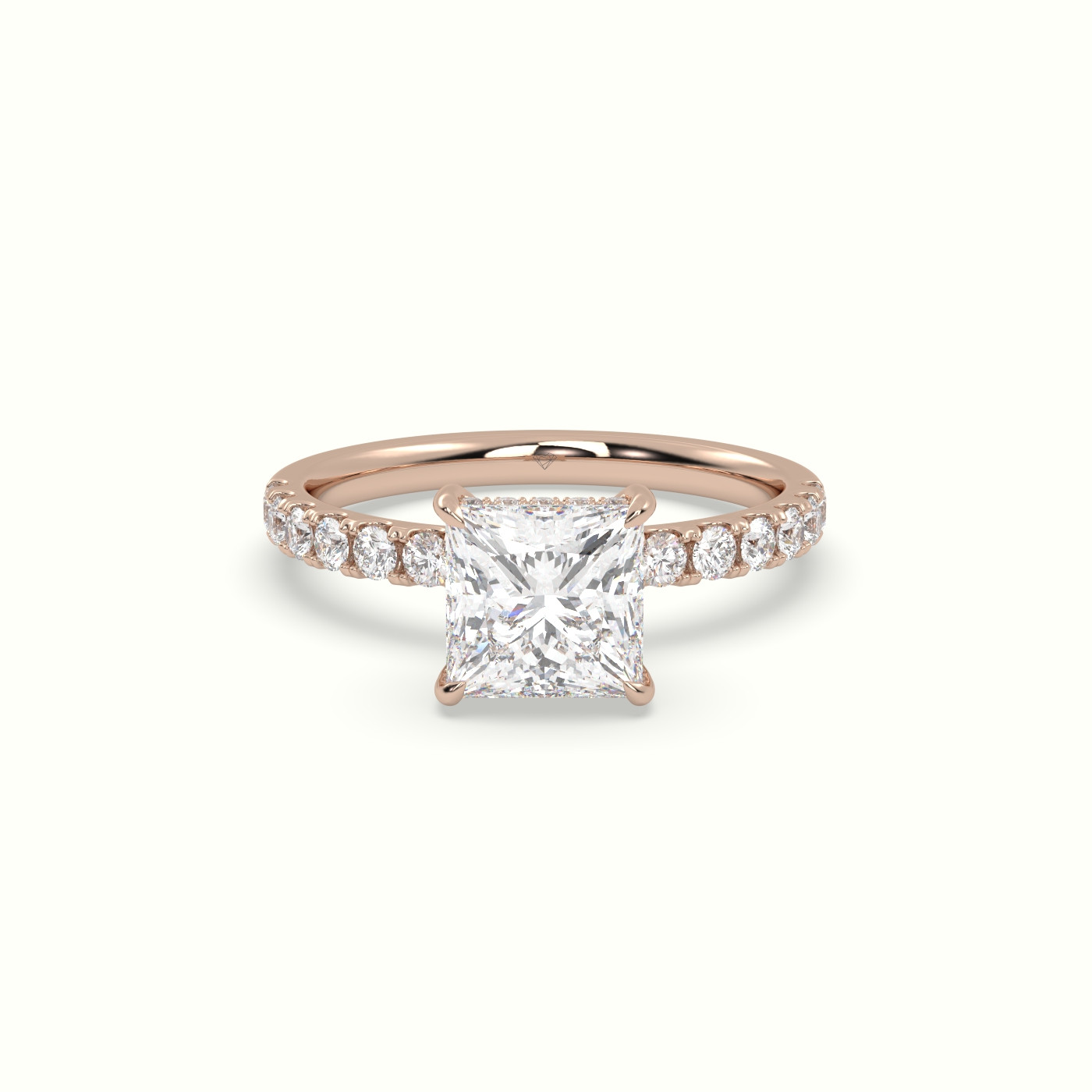 10K Rose Gold Princess Cut Hidden Halo Side Stone Engagement Ring