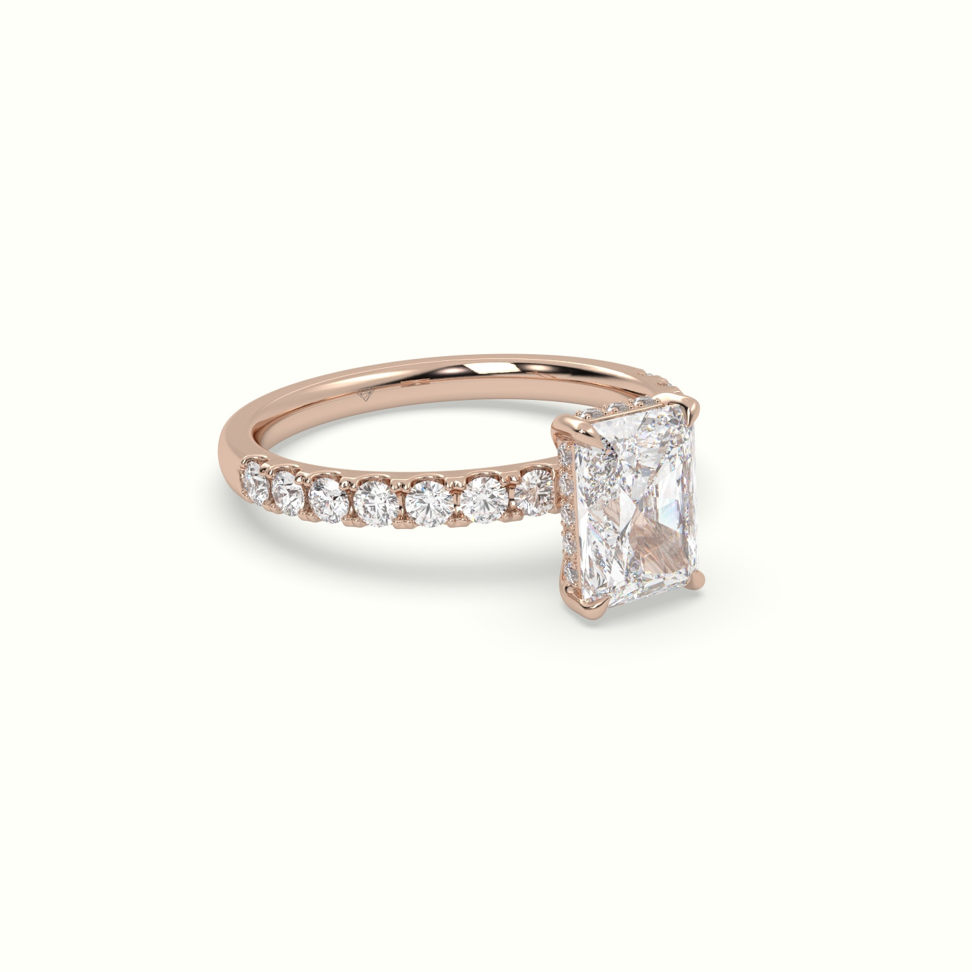 10K Rose Gold Radiant Cut Hidden Halo Side Stone Engagement Ring