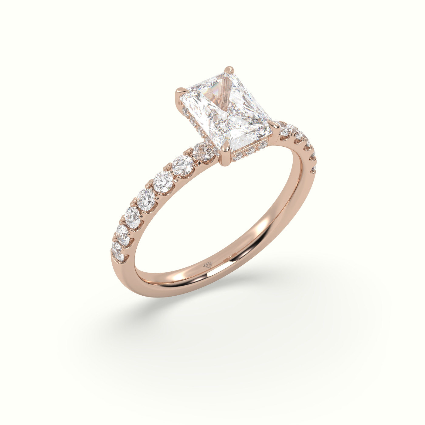 10K Rose Gold Radiant Cut Hidden Halo Side Stone Engagement Ring