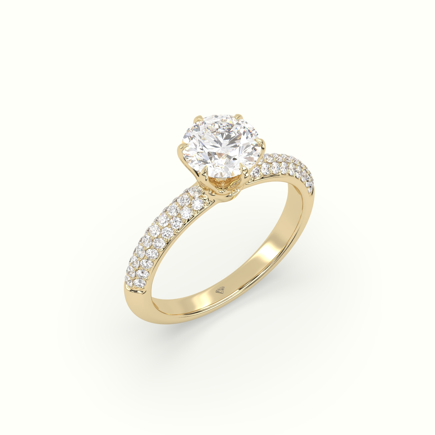 18K Yellow Gold Round Cut Pave Engagement Ring