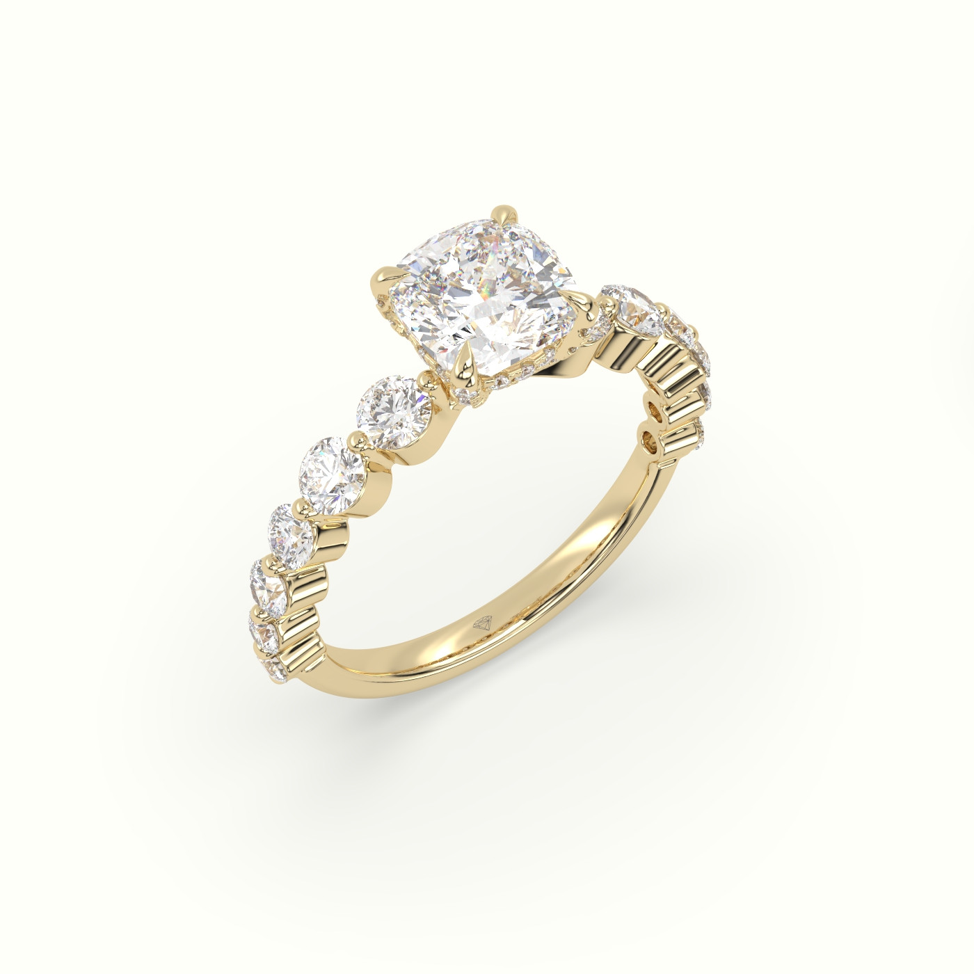 18K Yellow Gold Cushion Cut Diamond Engagement Ring with Side Stones