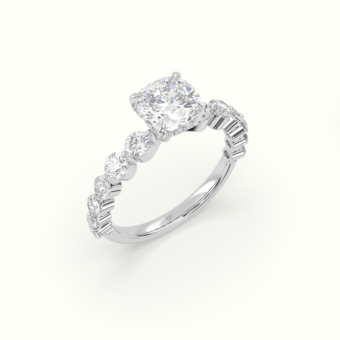 10K White Gold Cushion Cut Diamond Engagement Ring with Side Stones