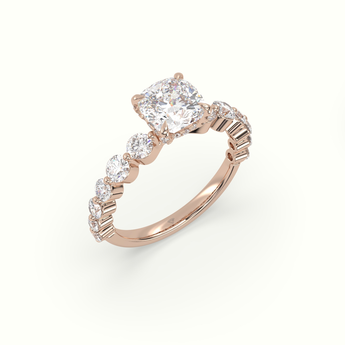 10K Rose Gold Cushion Cut Diamond Engagement Ring with Side Stones
