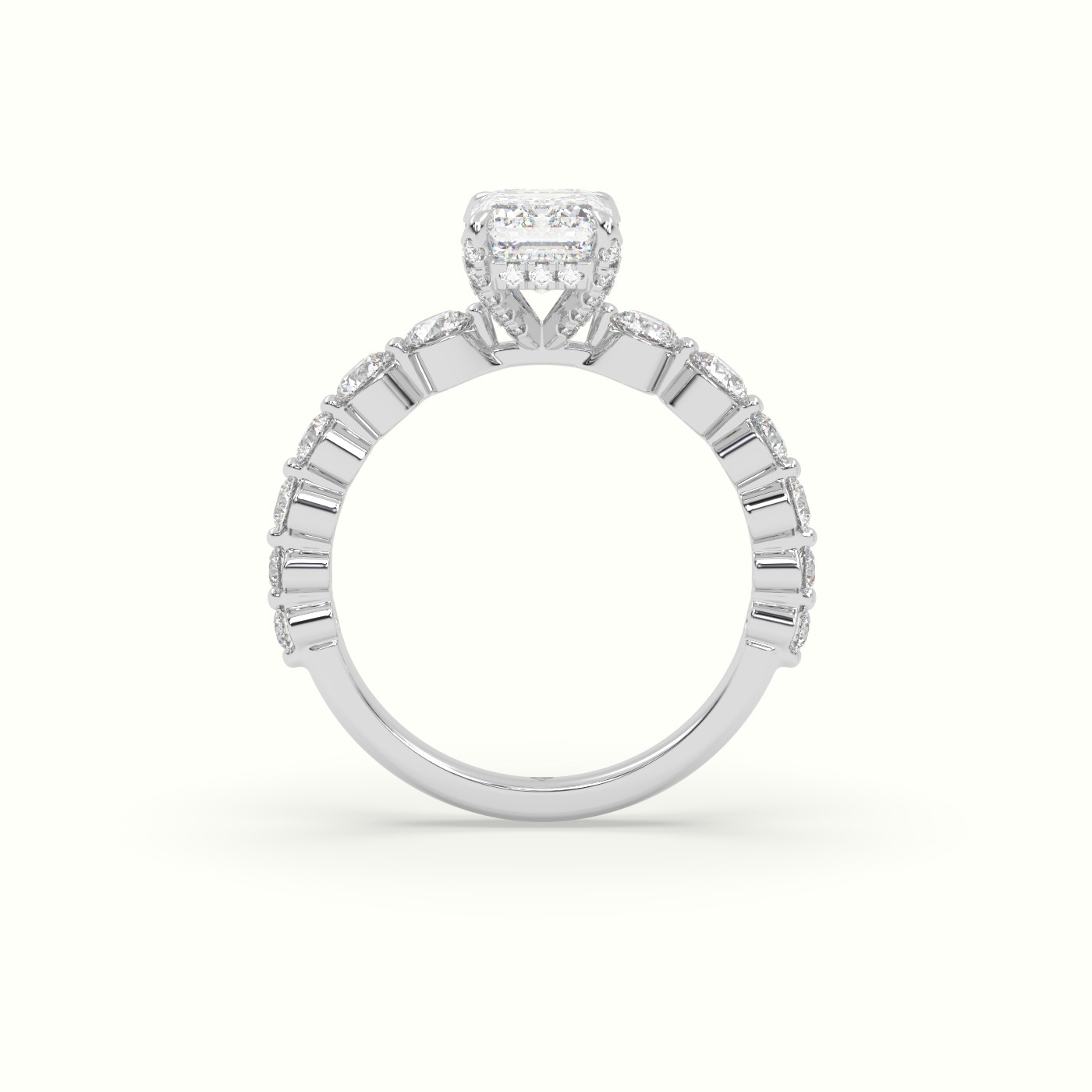 18K White Gold Emerald Cut Diamond Engagement Ring with Side Stones