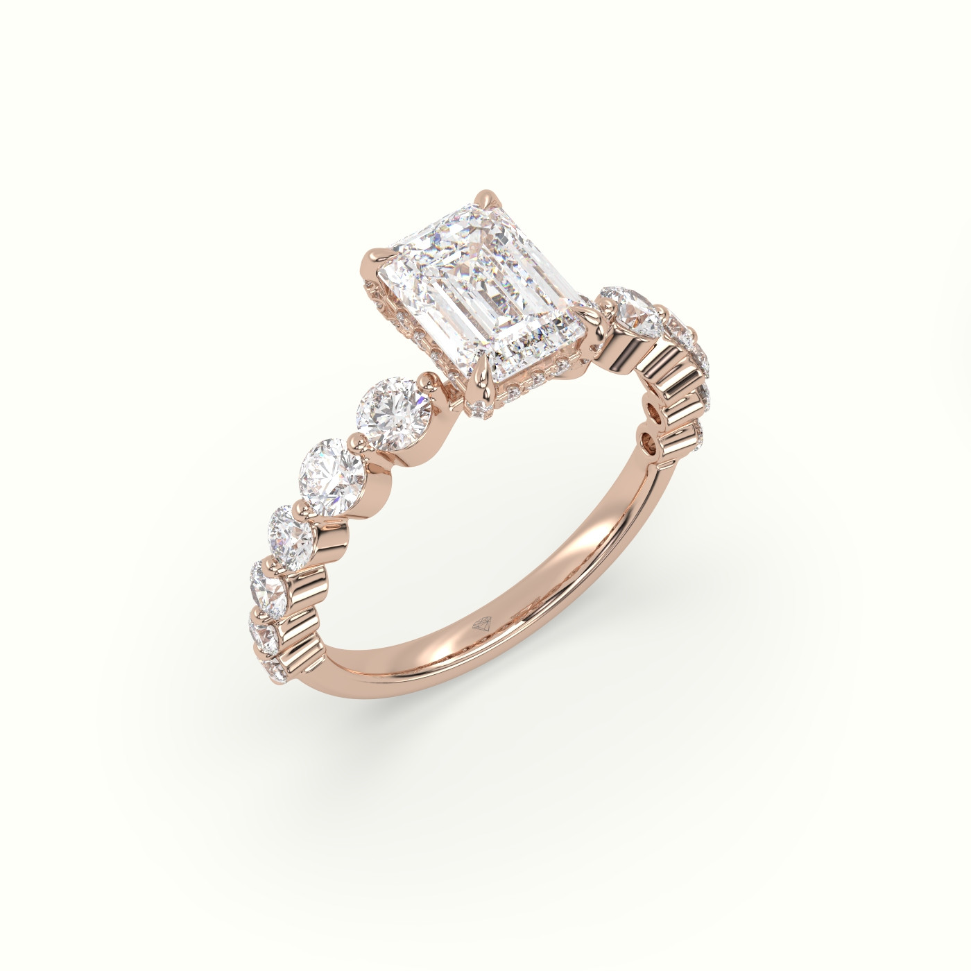 18K Rose Gold Emerald Cut Diamond Engagement Ring with Side Stones