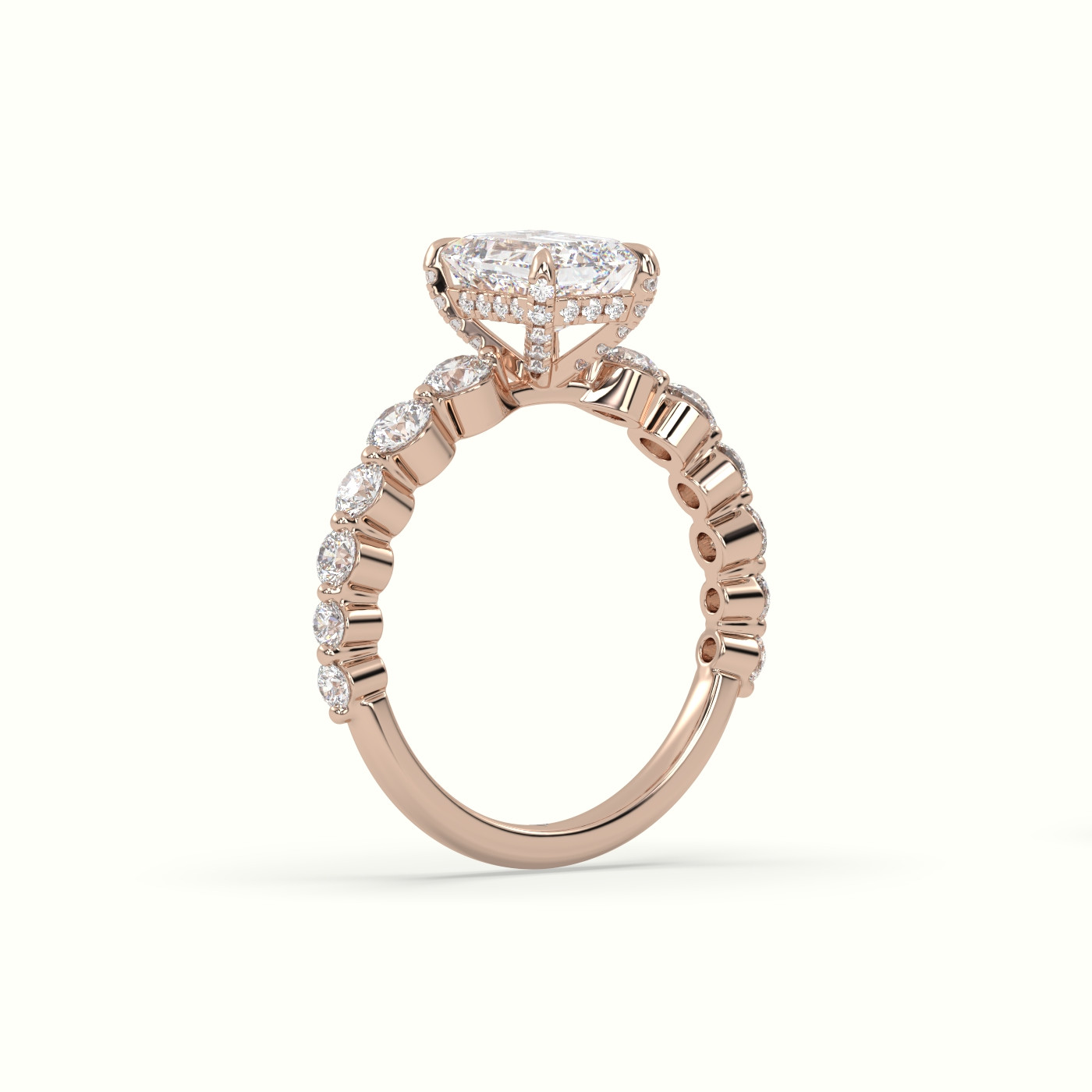 18K Rose Gold Emerald Cut Diamond Engagement Ring with Side Stones