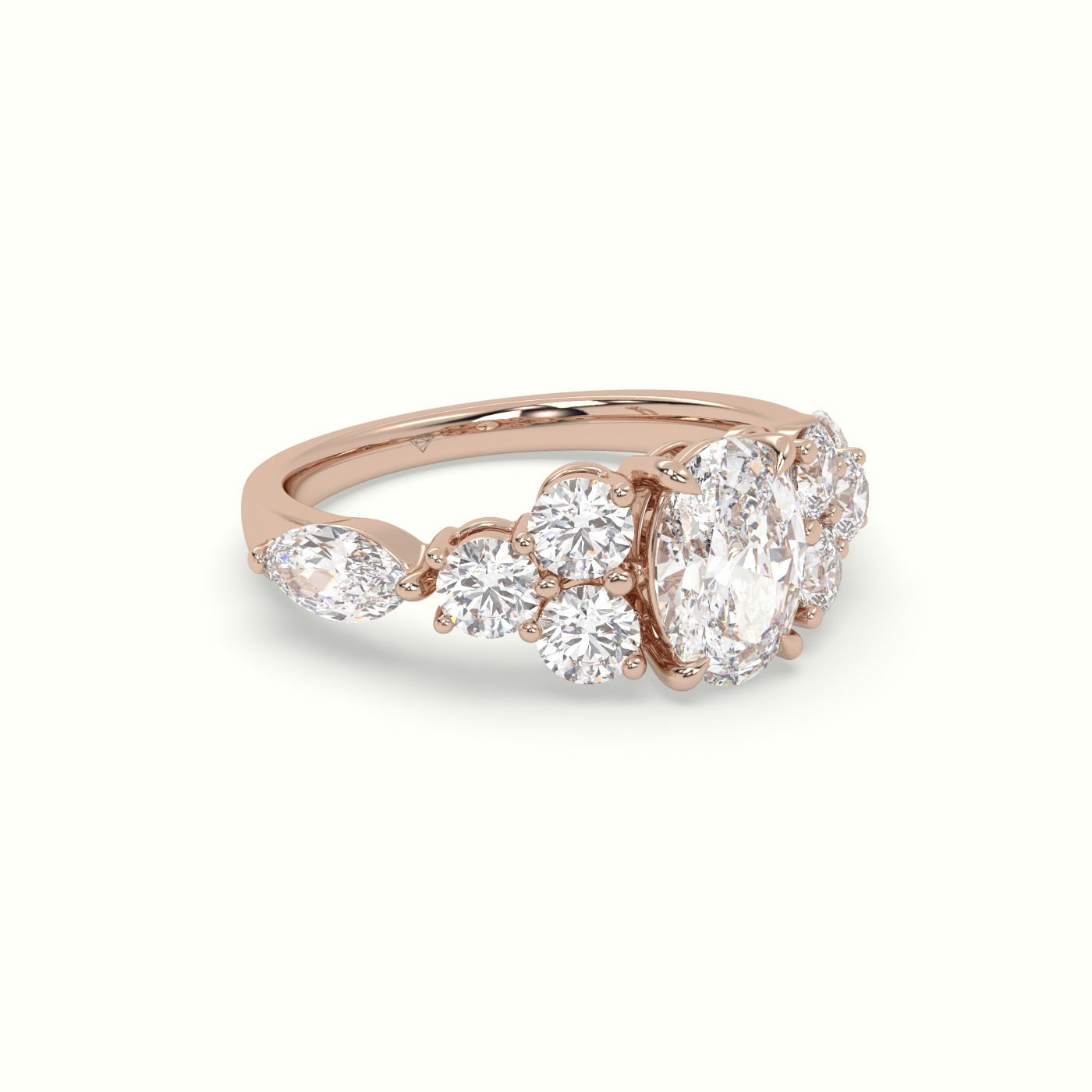 18K Rose Gold Oval Diamond Engagement Ring with Round and Marquise Side Stones