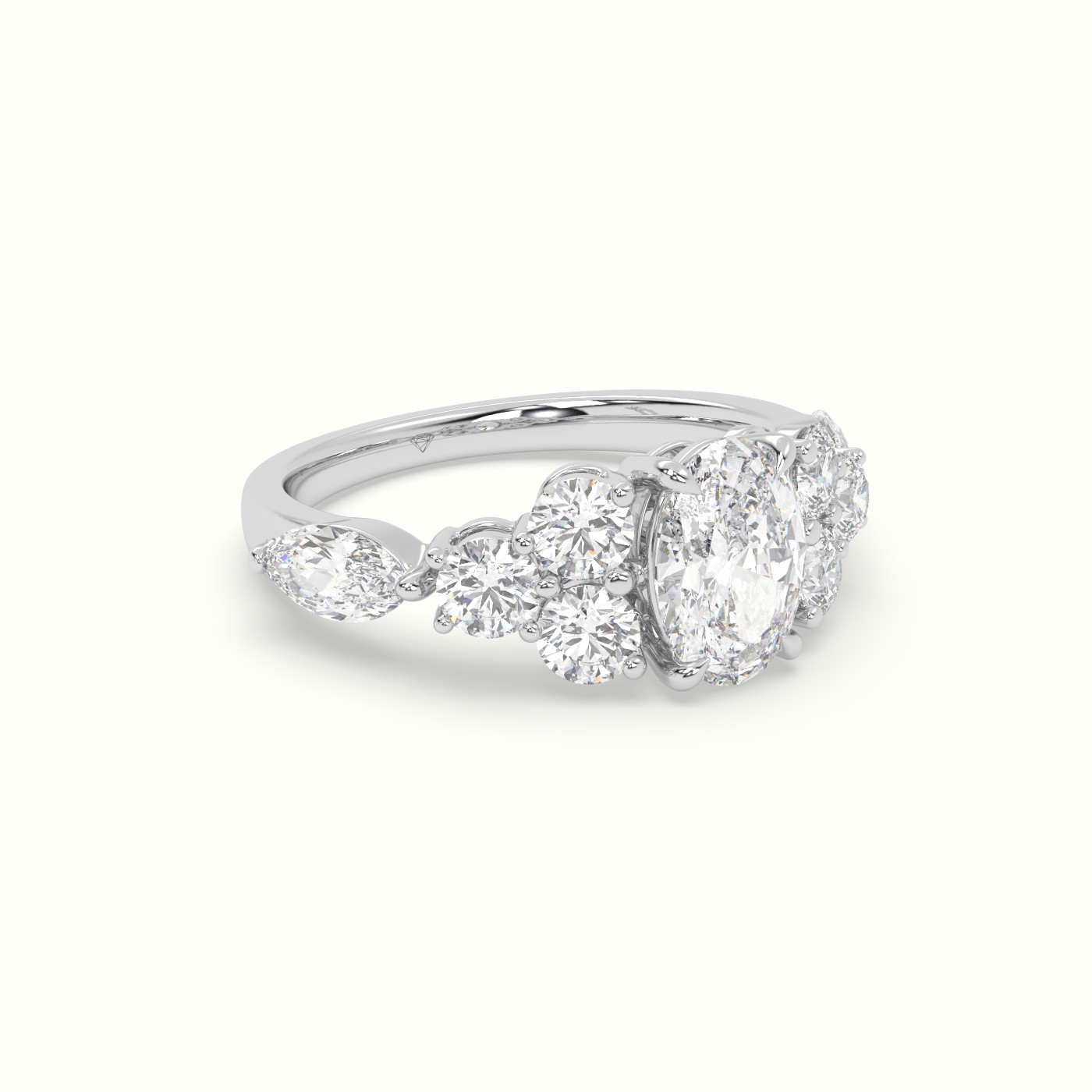 10K White Gold Oval Diamond Engagement Ring with Round and Marquise Side Stones
