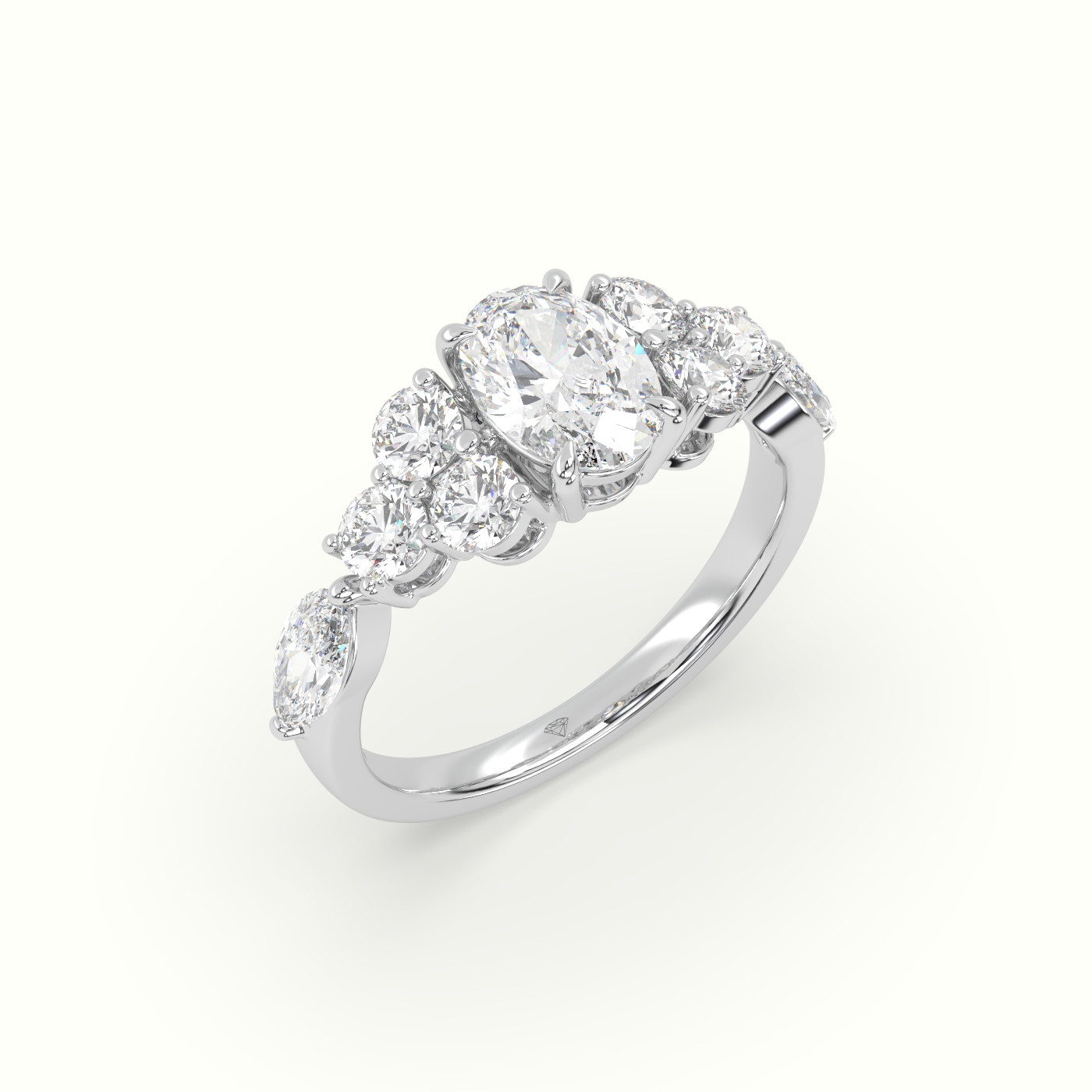10K White Gold Oval Diamond Engagement Ring with Round and Marquise Side Stones