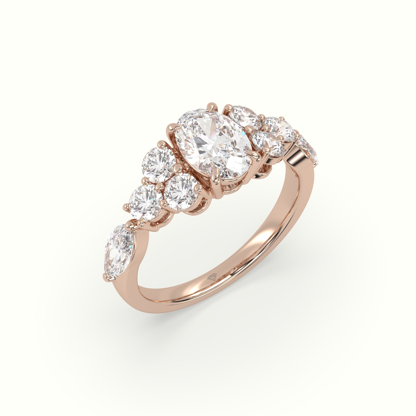 10K Rose Gold Oval Diamond Engagement Ring with Round and Marquise Side Stones