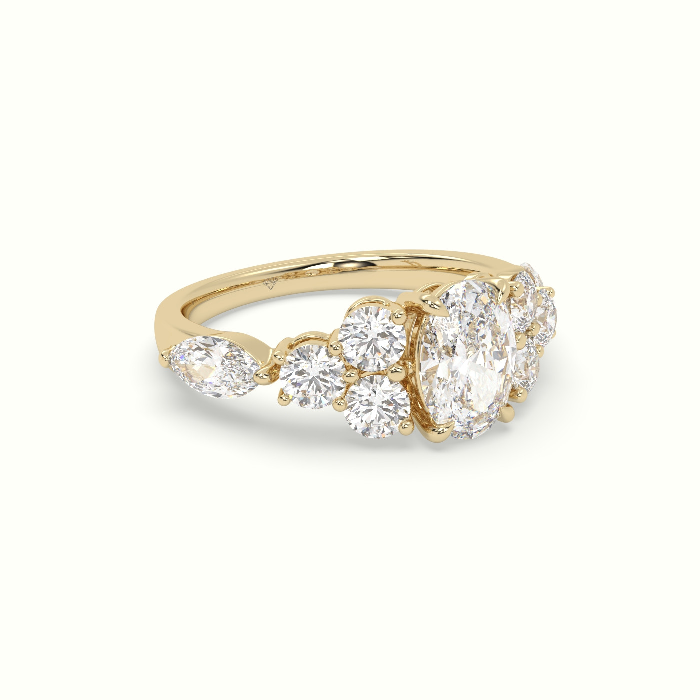 10K Yellow Gold Oval Diamond Engagement Ring with Round and Marquise Side Stones