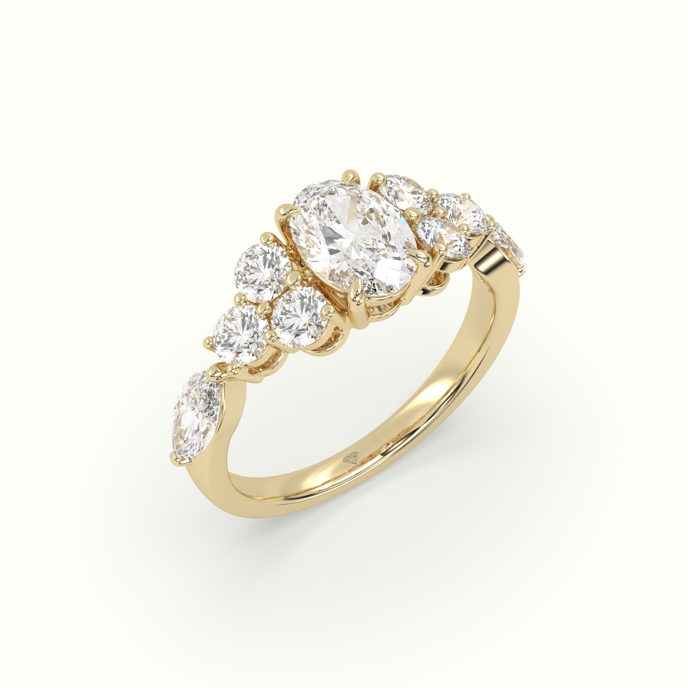 10K Yellow Gold Oval Diamond Engagement Ring with Round and Marquise Side Stones