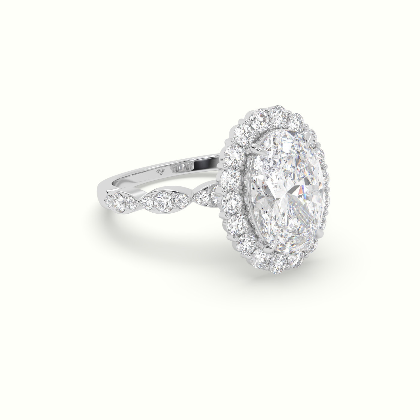 18K White Gold Oval Diamond Halo Pave Engagement Ring