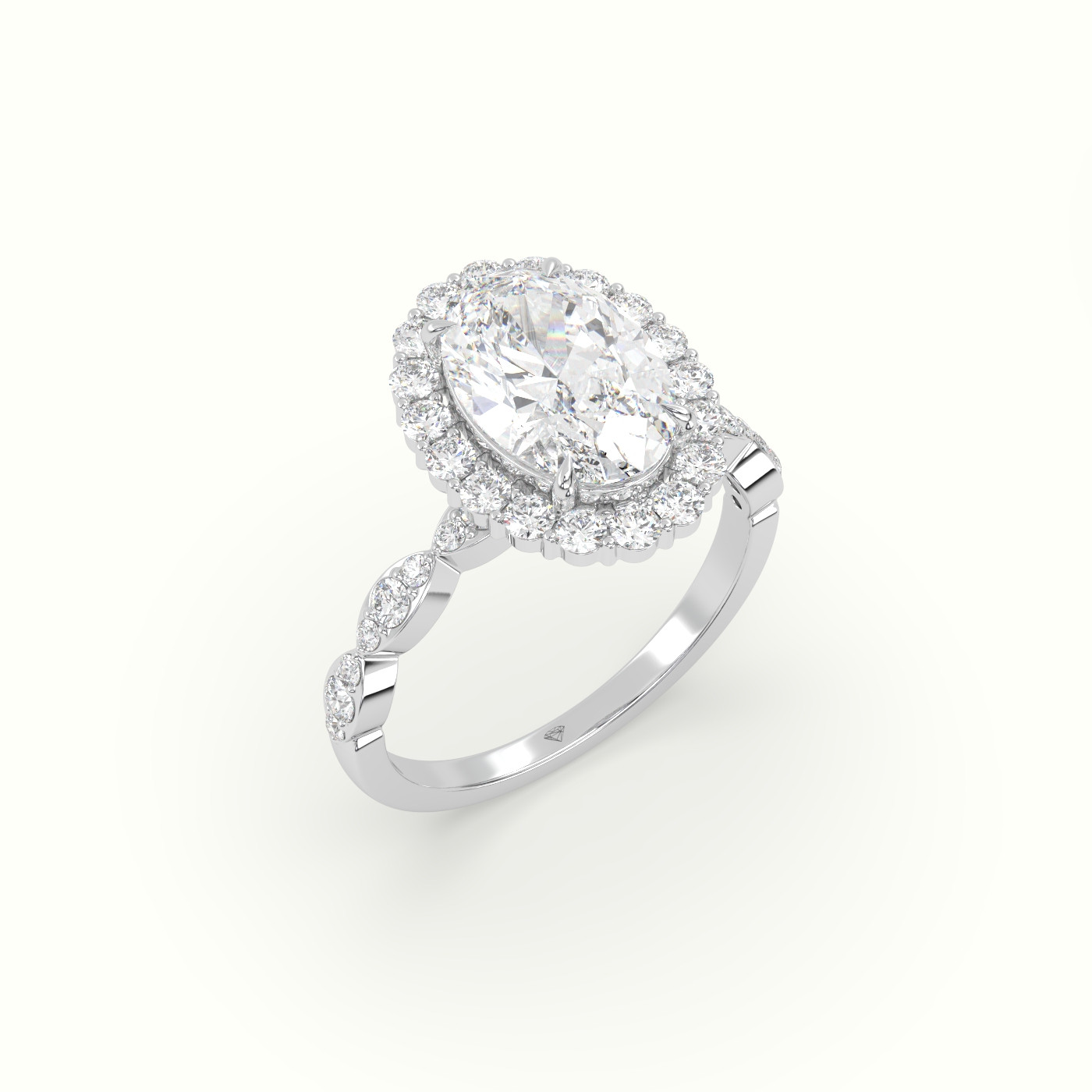 18K White Gold Oval Diamond Halo Pave Engagement Ring