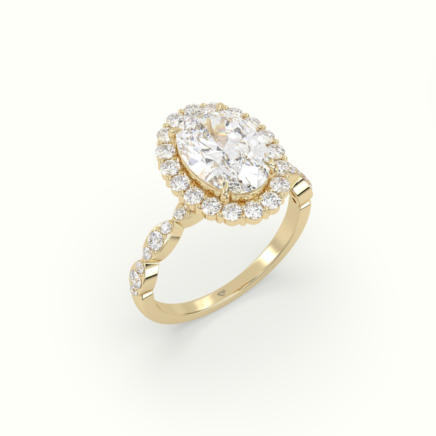 18K Yellow Gold Oval Diamond Halo Pave Engagement Ring