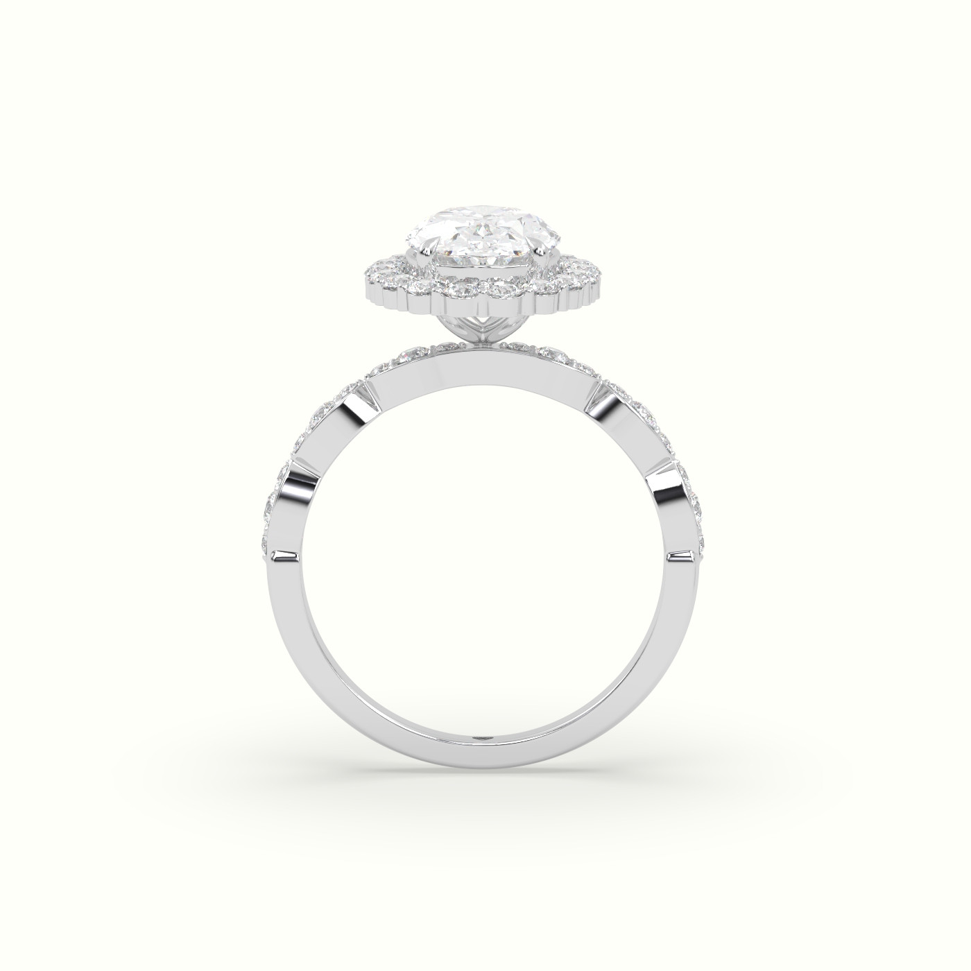 10K White Gold Oval Diamond Halo Pave Engagement Ring