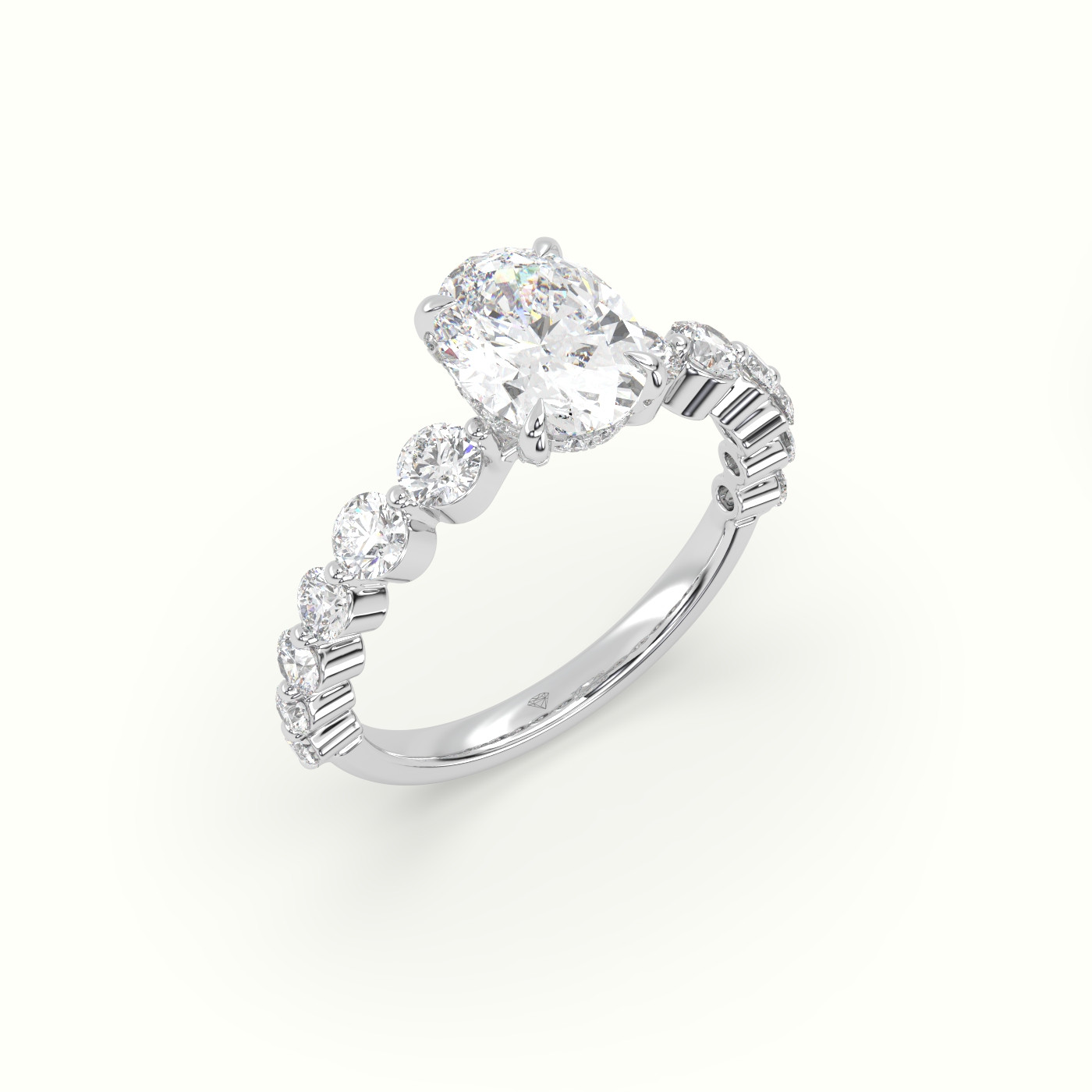 18K White Gold Oval Cut Diamond Engagement Ring with Side Stones