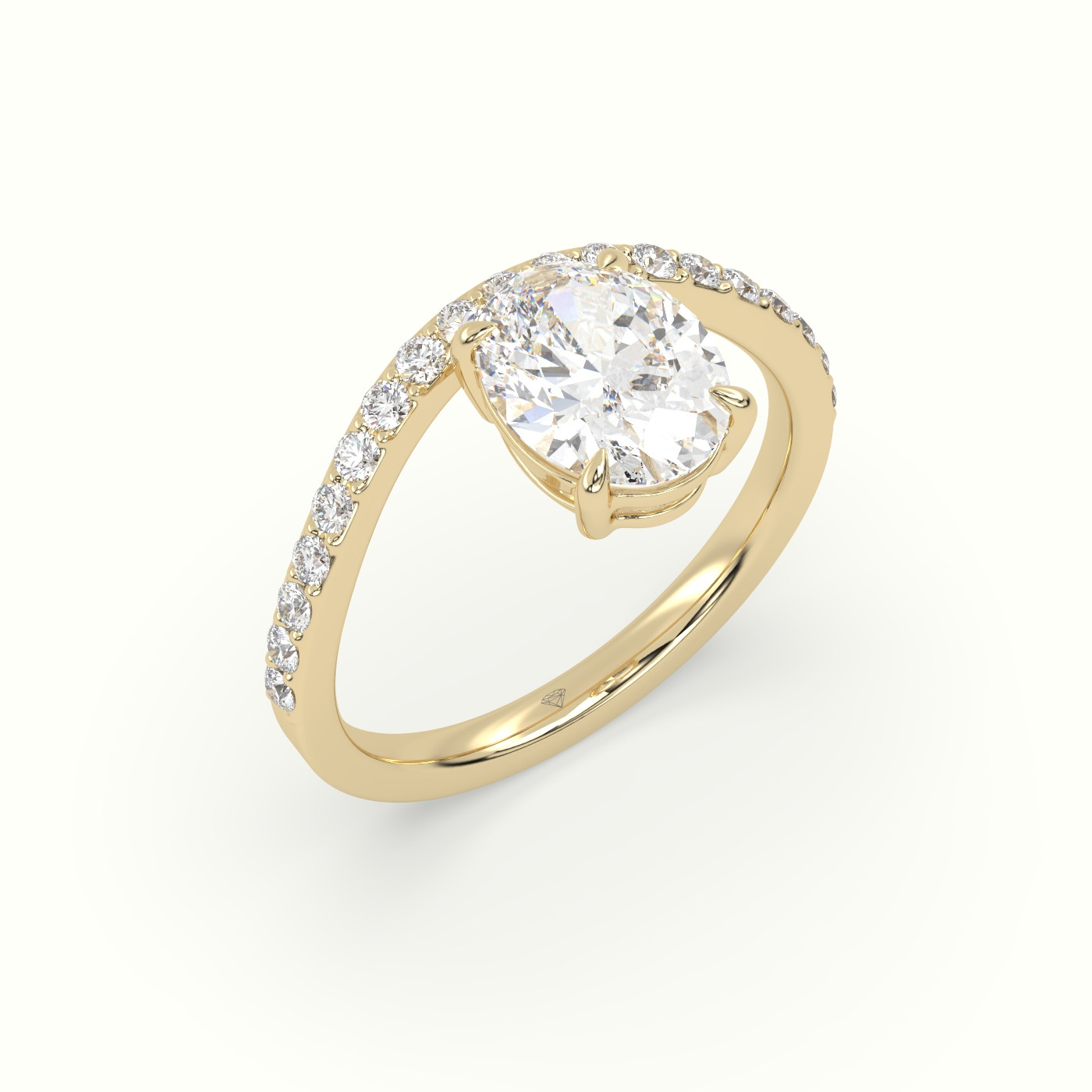 18K Yellow Gold Oval Diamond Solitaire Curved Pavé Engagement Ring