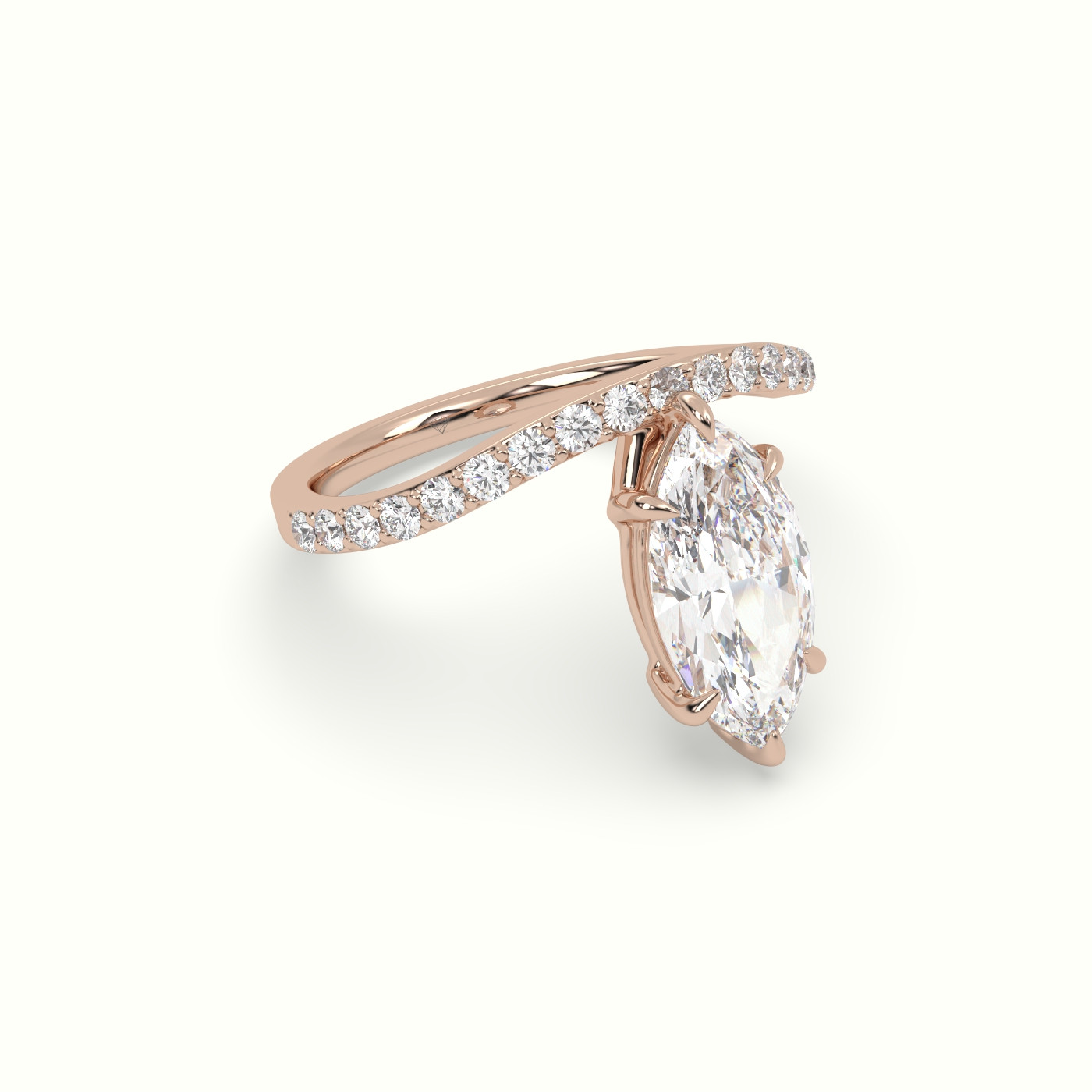 10K Rose Gold Marquise Diamond Solitaire Curved Pavé Engagement Ring
