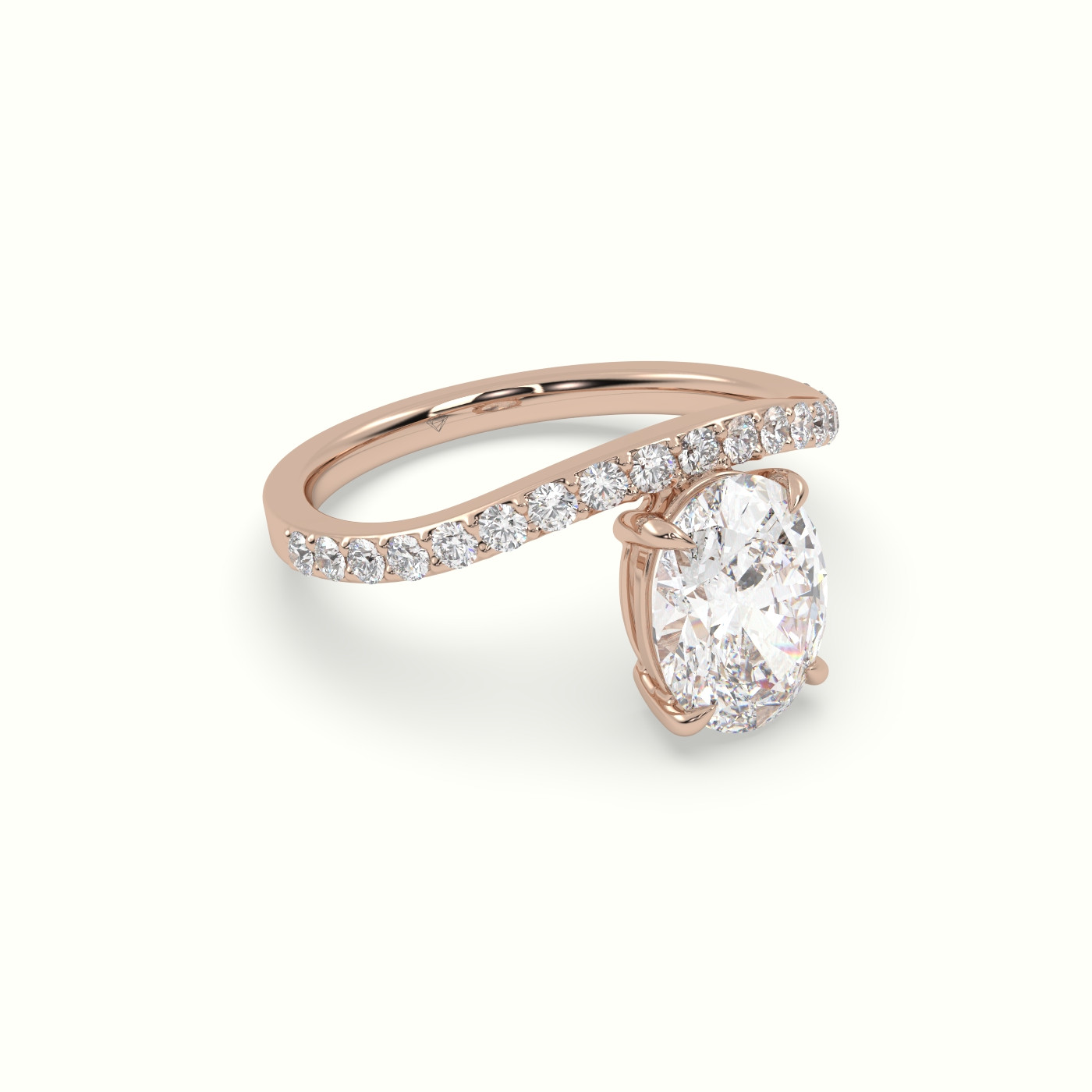 10K Rose Gold Oval Diamond Solitaire Curved Pavé Engagement Ring