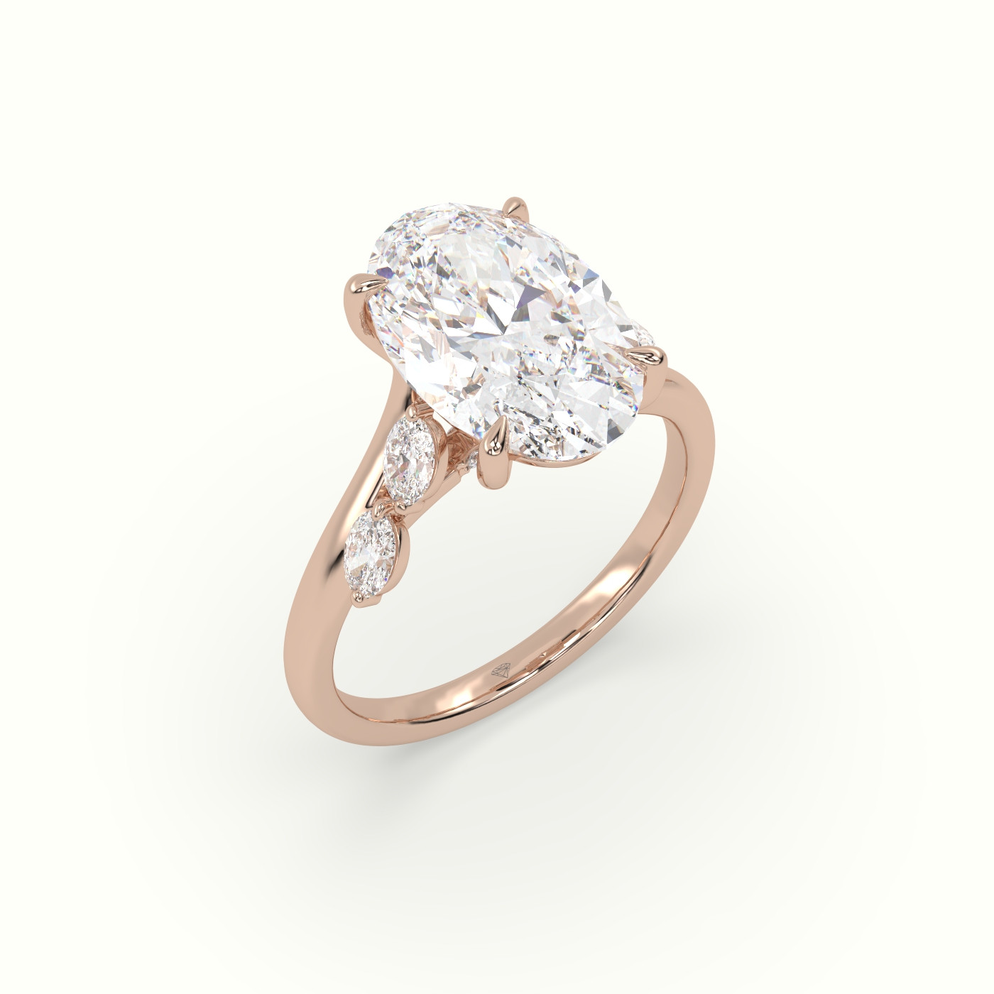 18K Rose Gold Oval Diamond Side Stone Engagement Ring