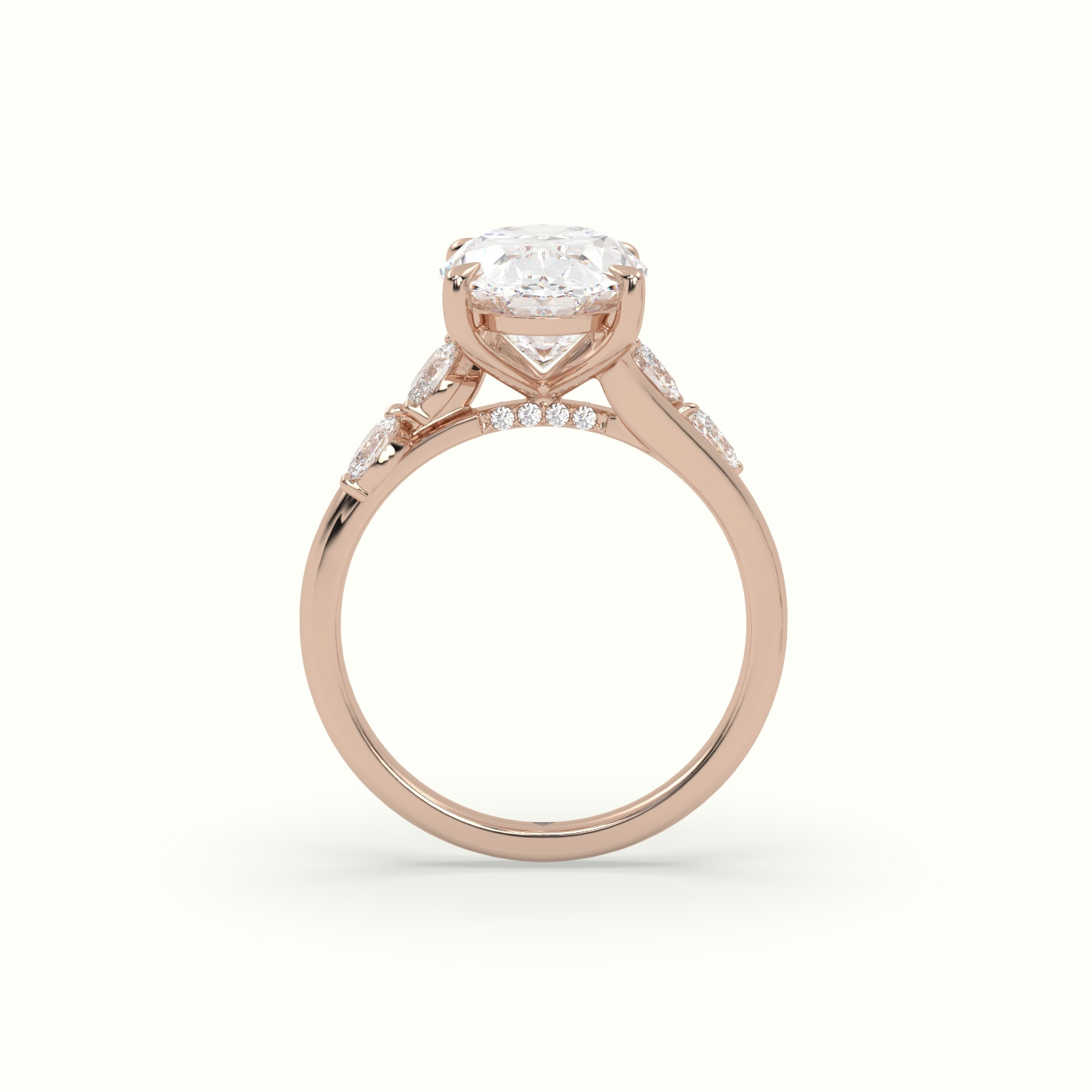 18K Rose Gold Oval Diamond Side Stone Engagement Ring