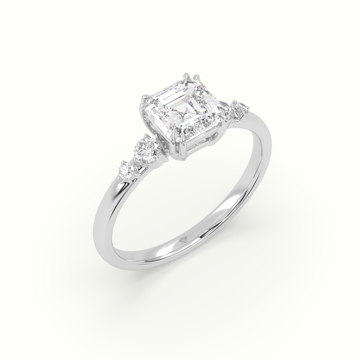18K White Gold Asscher Diamond Solitaire Side Stone Engagement Ring