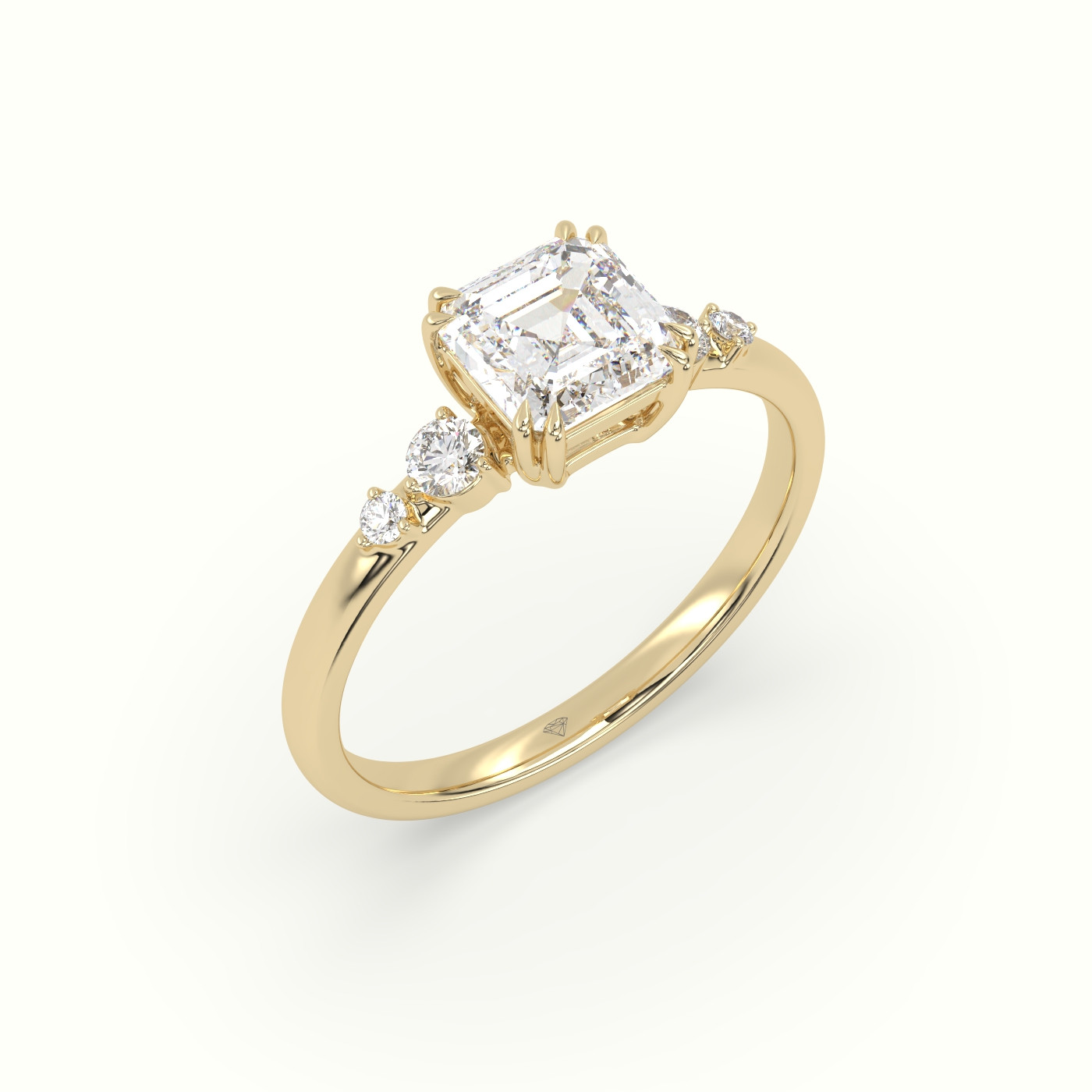18K Yellow Gold Asscher Diamond Solitaire Side Stone Engagement Ring